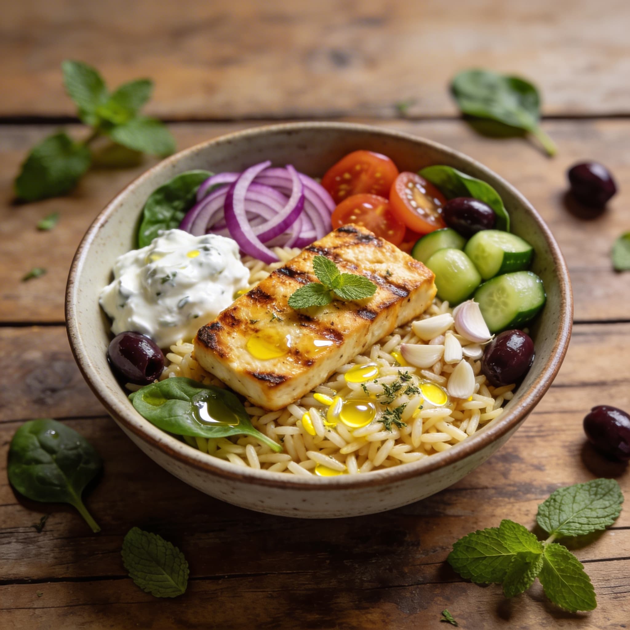 Orzo-Bowl mit gebratenem Halloumi