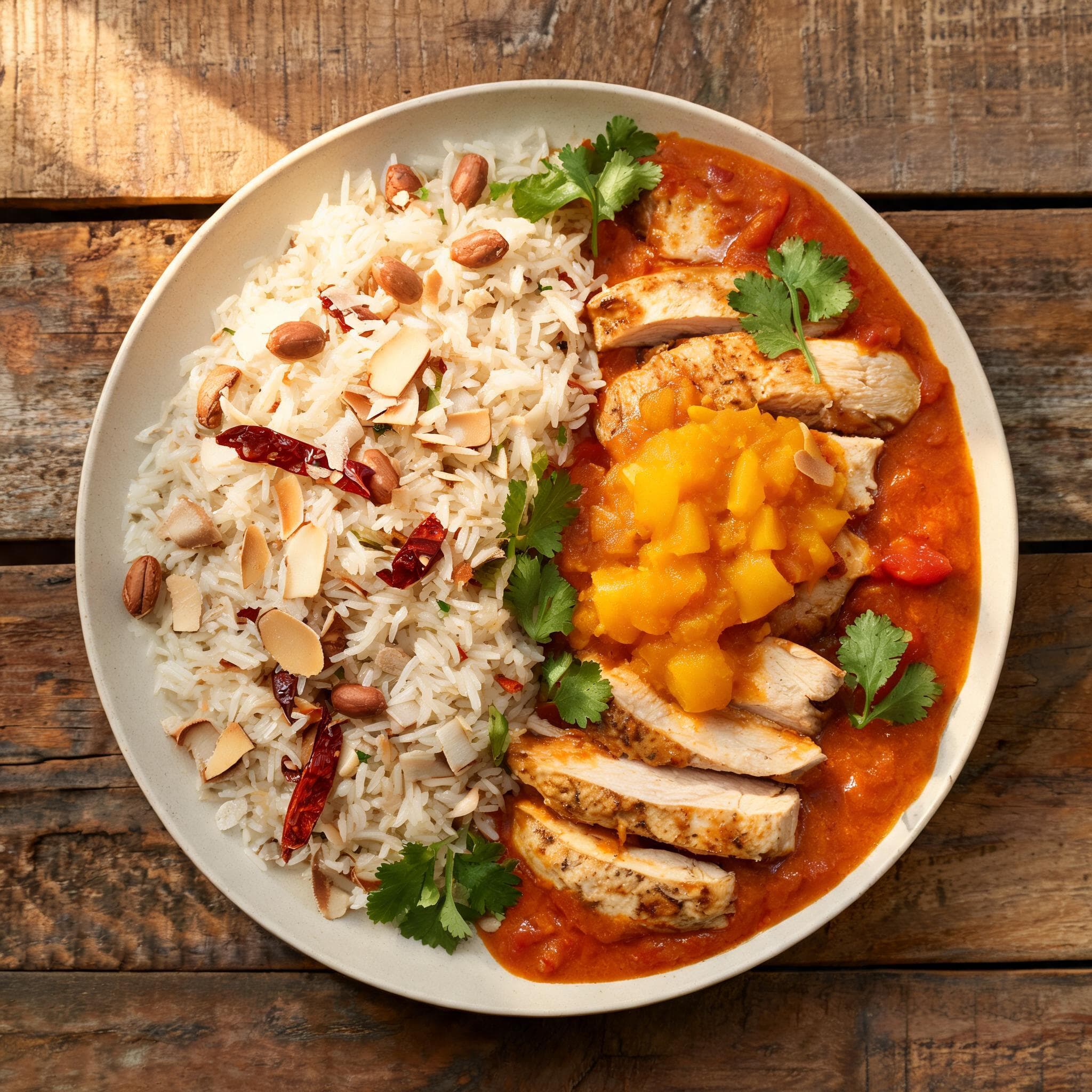 Poulet à la mangue et riz au coco