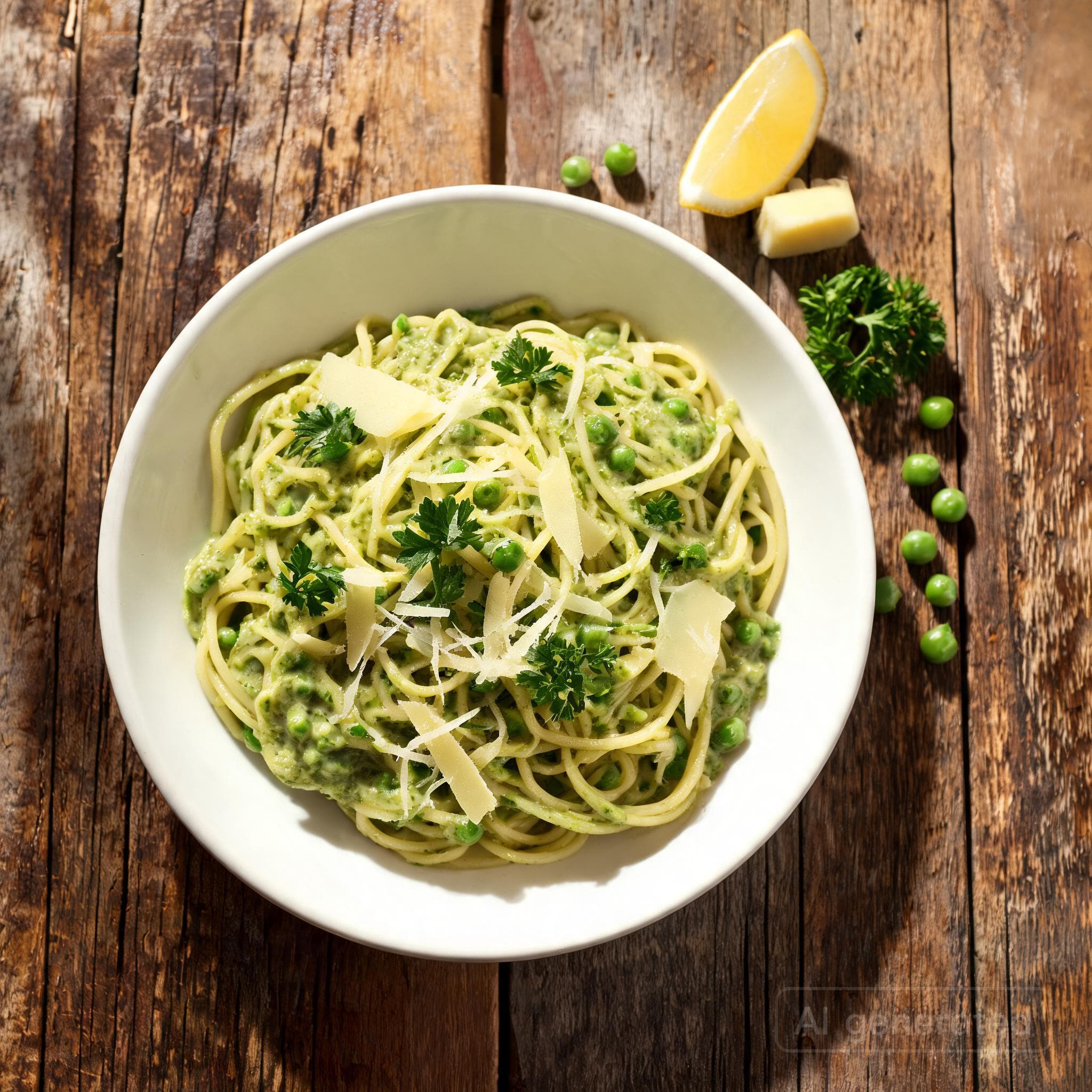 Schnelle Spaghetti mit cremigen Erbsen