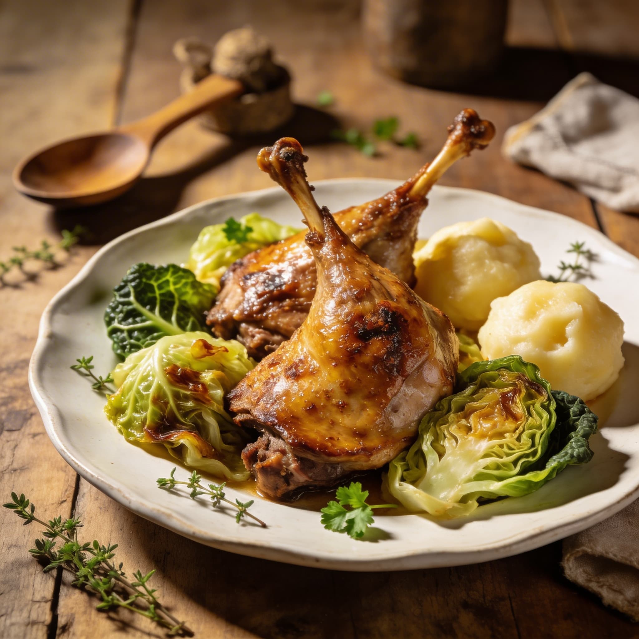 Gänsekeule mit Spitzkohl Klößen