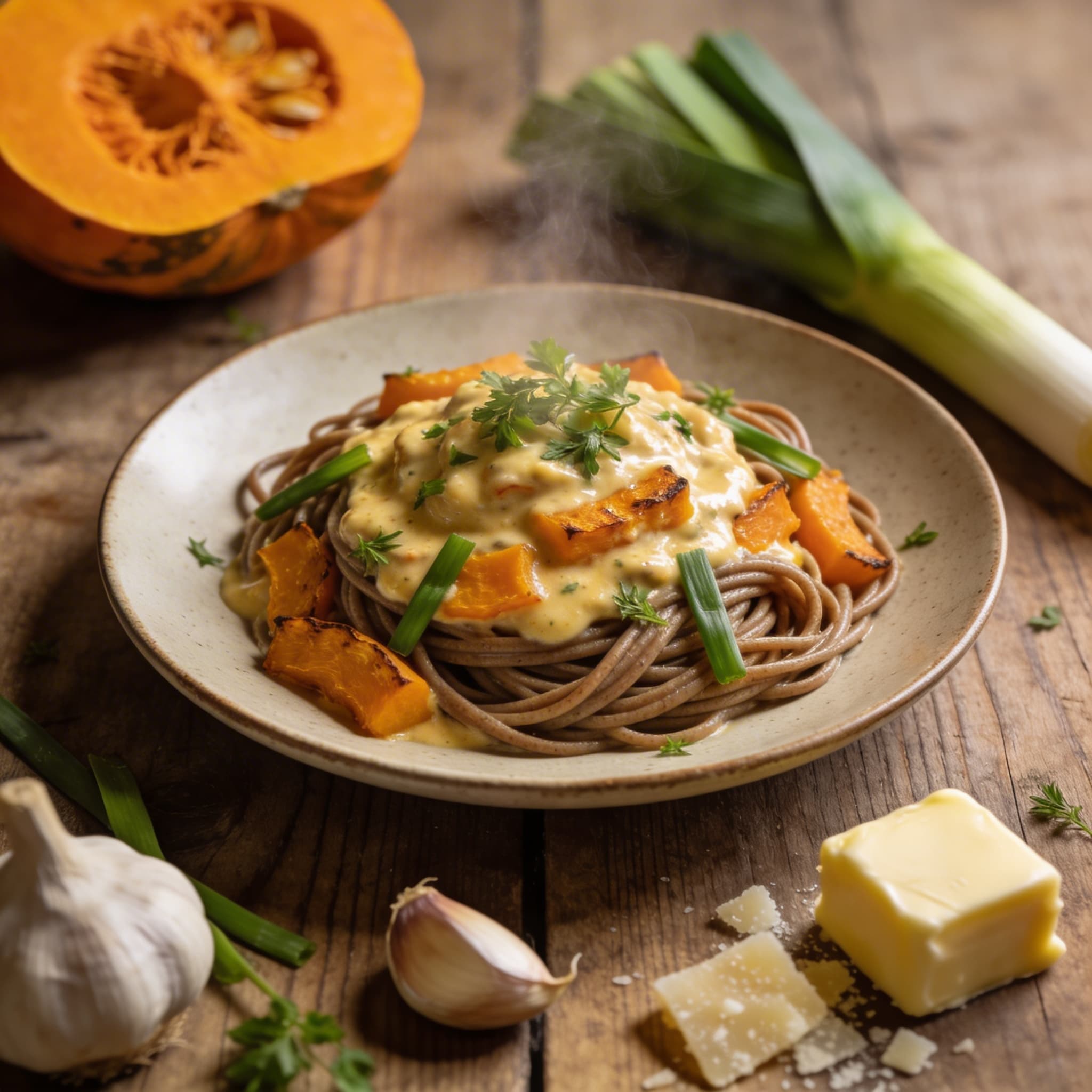 Cremige Kürbis-Lauch-Pasta