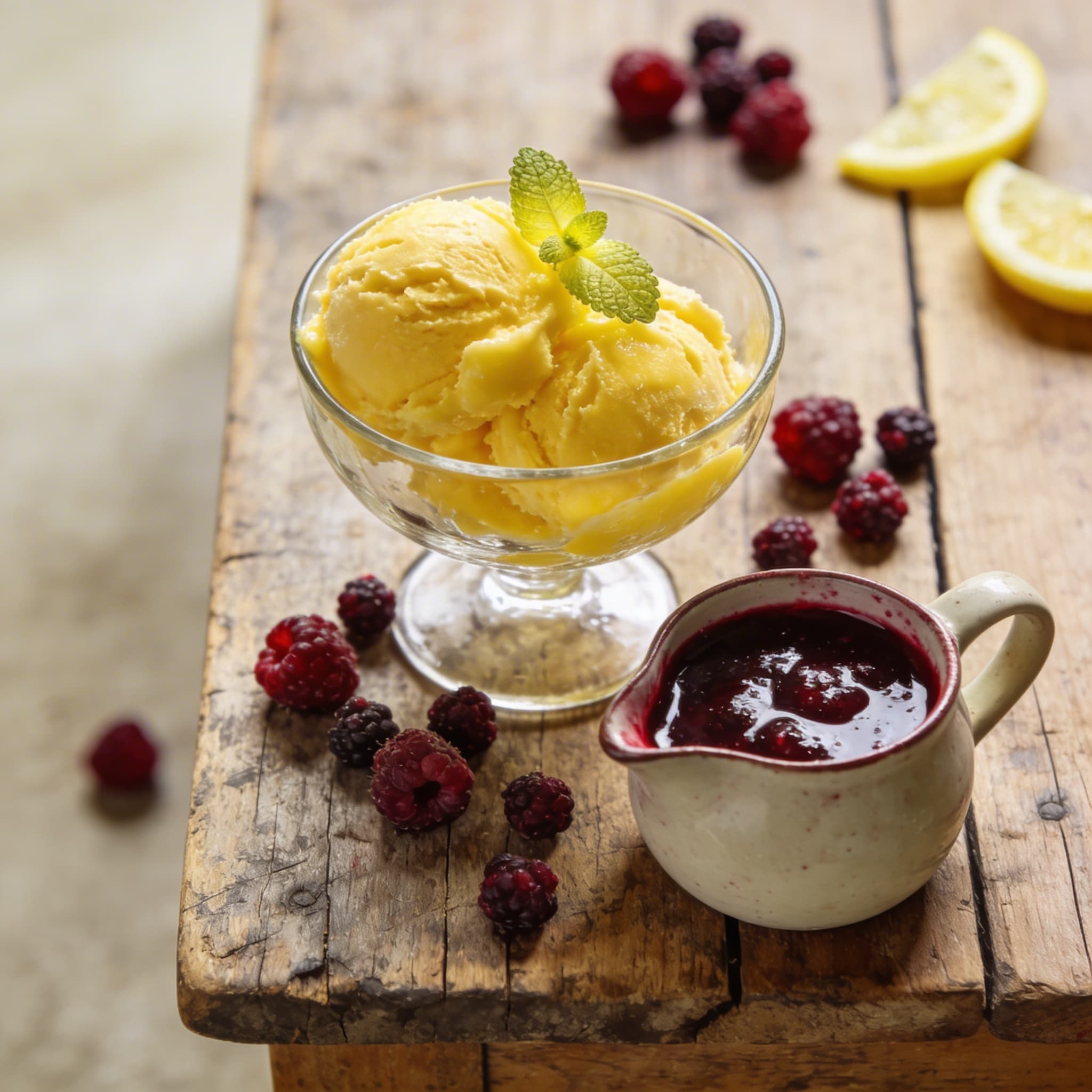 Zitronensorbet mit Beerensuppe