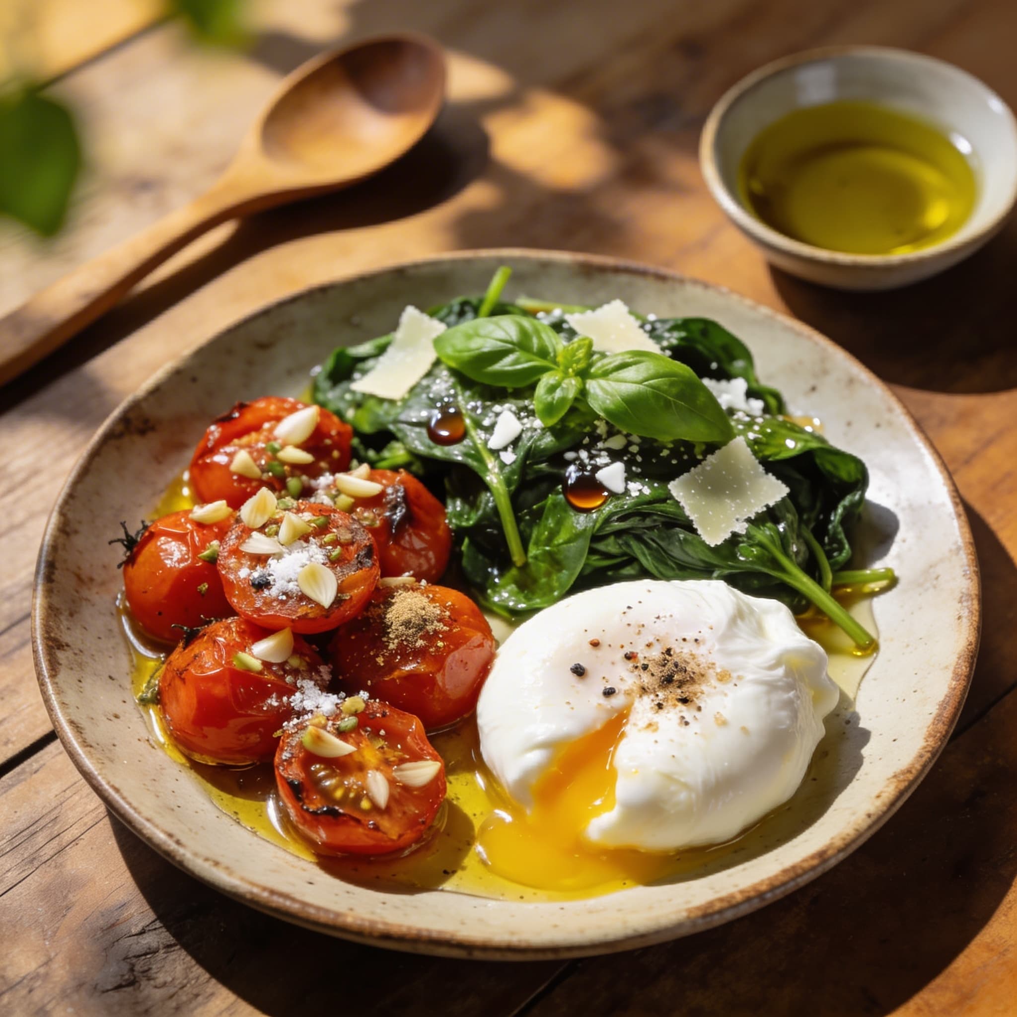 Geschmolzene Tomaten mit pochiertem Ei