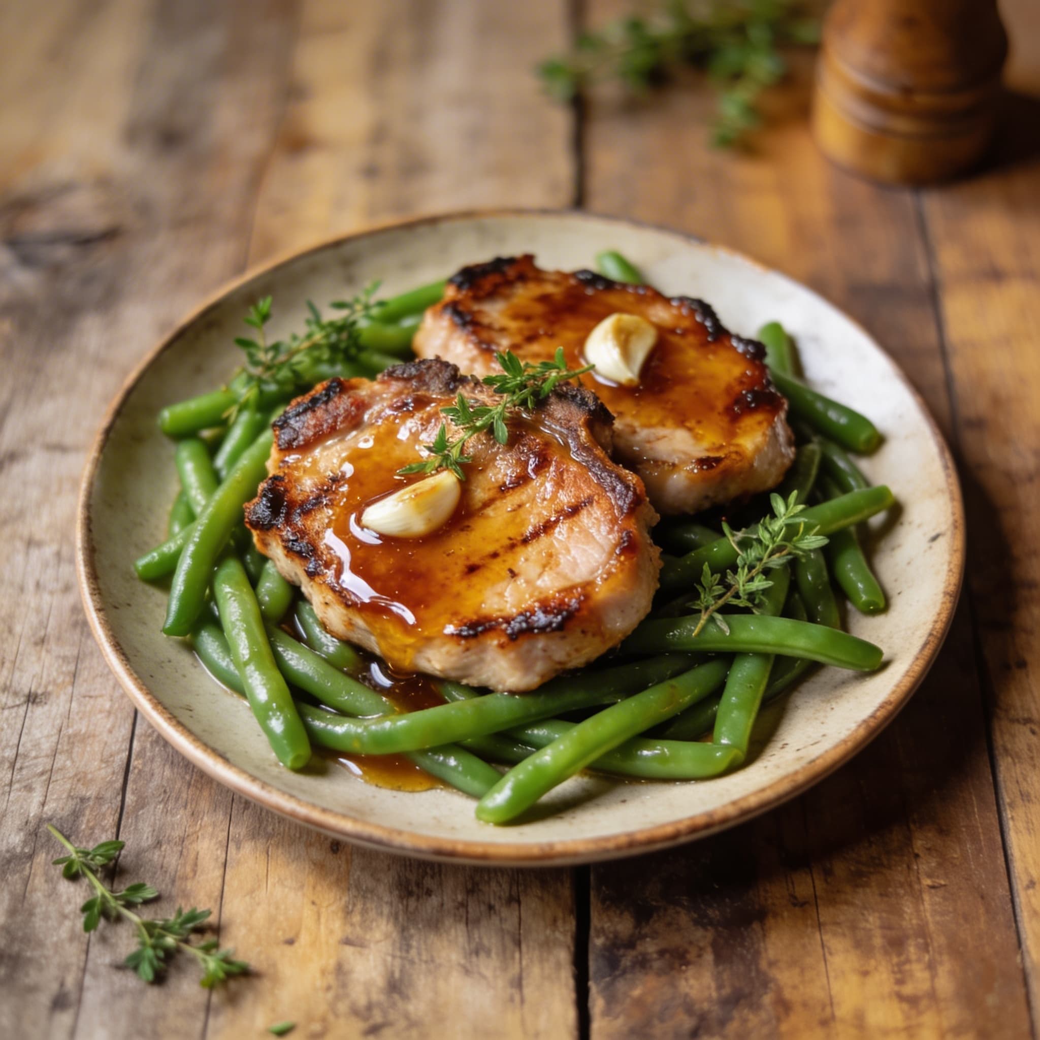 Ahorn-Knoblauch Schweinekoteletts mit Bohnen