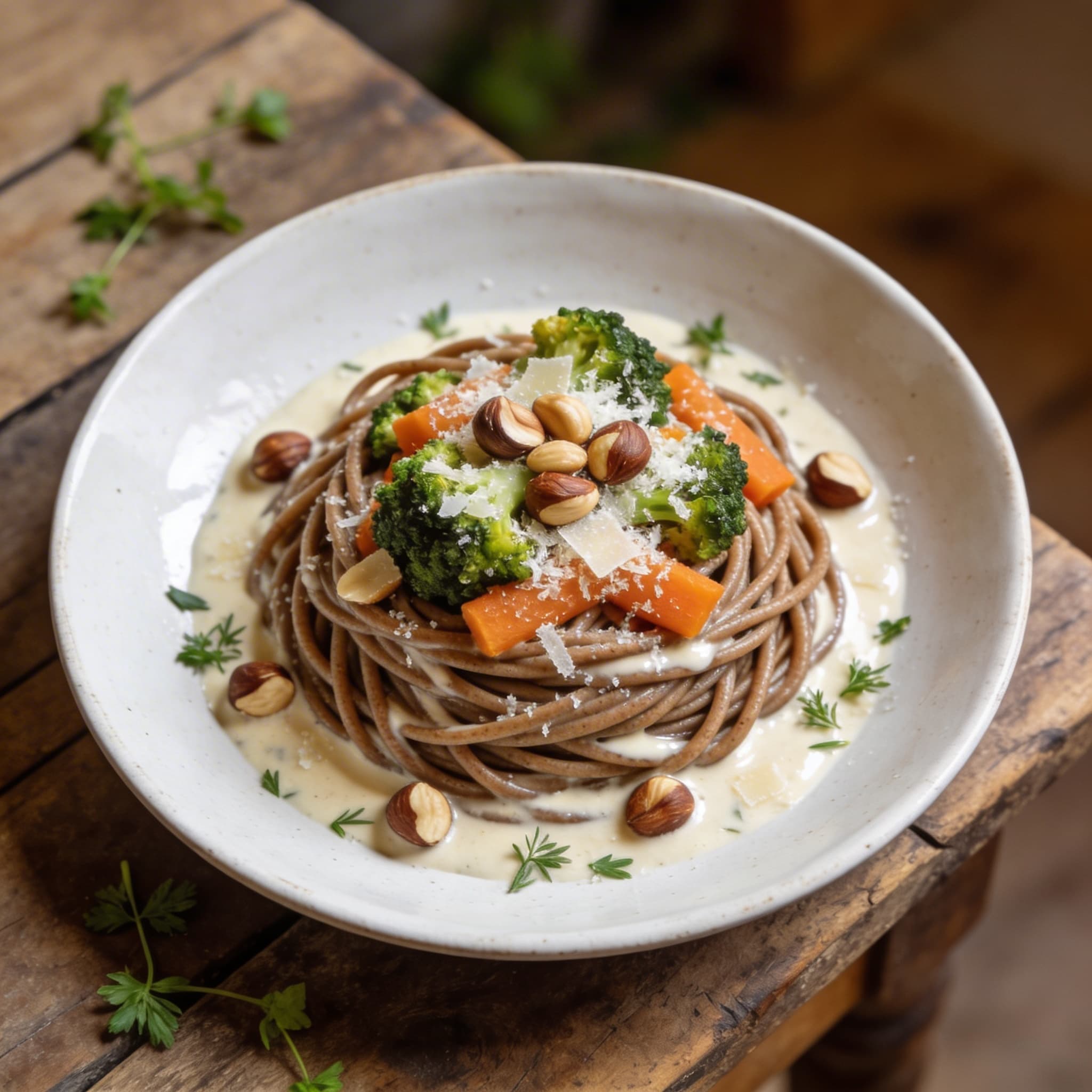 Vollkornspaghetti mit buntem Gemüse