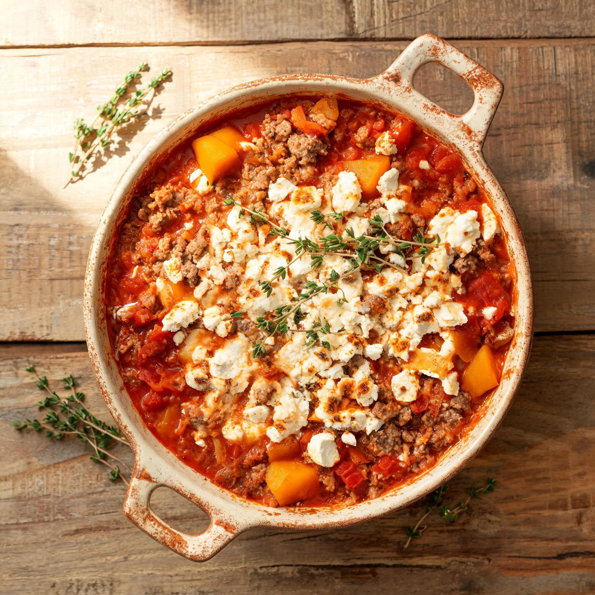 Kürbisauflauf mit Hackfleisch und Feta