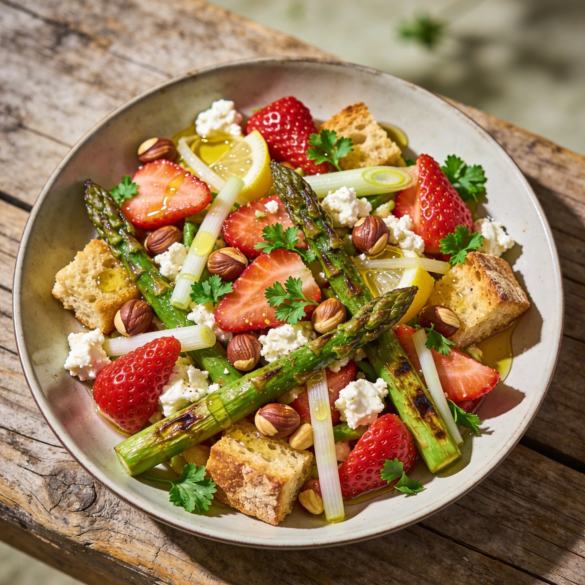 Spargel-Erdbeer-Brotsalat mit Feta