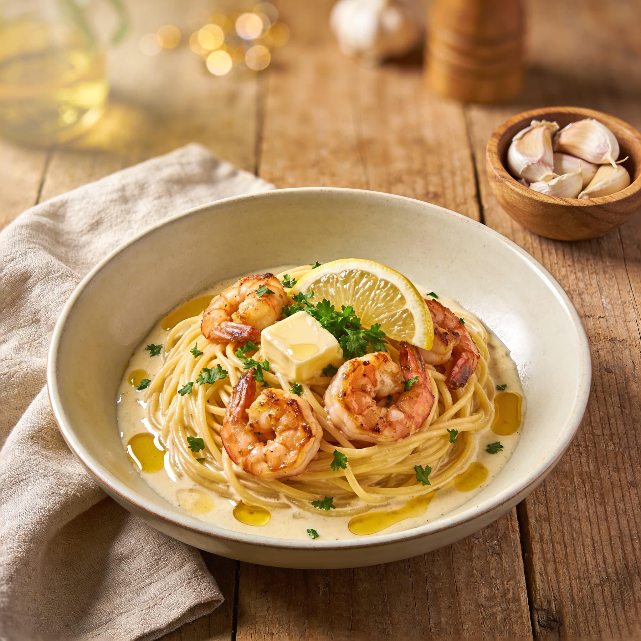 Zarte Pasta mit Weißweingarnelen