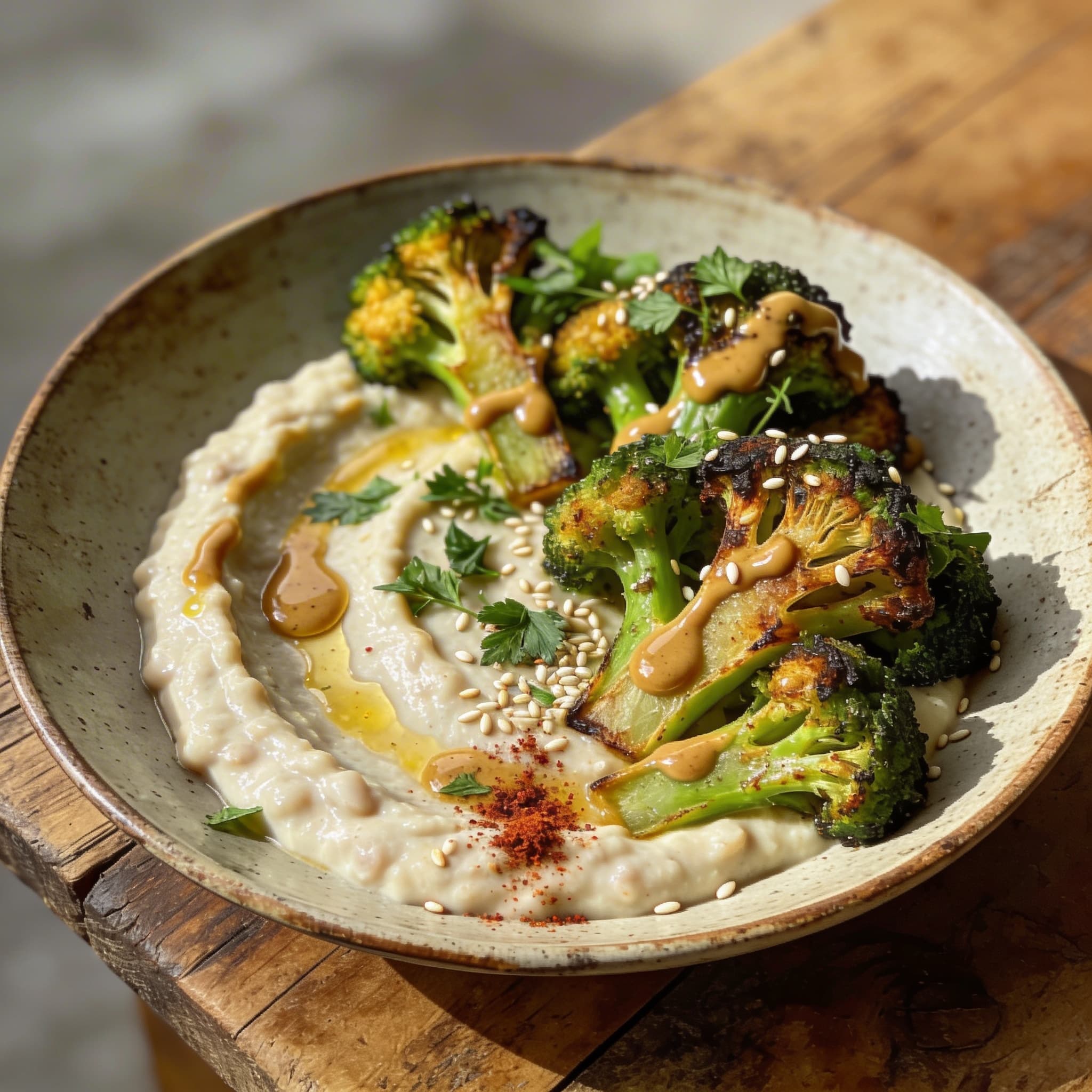 Gerösteter Brokkoli mit Bohnen-Hummus