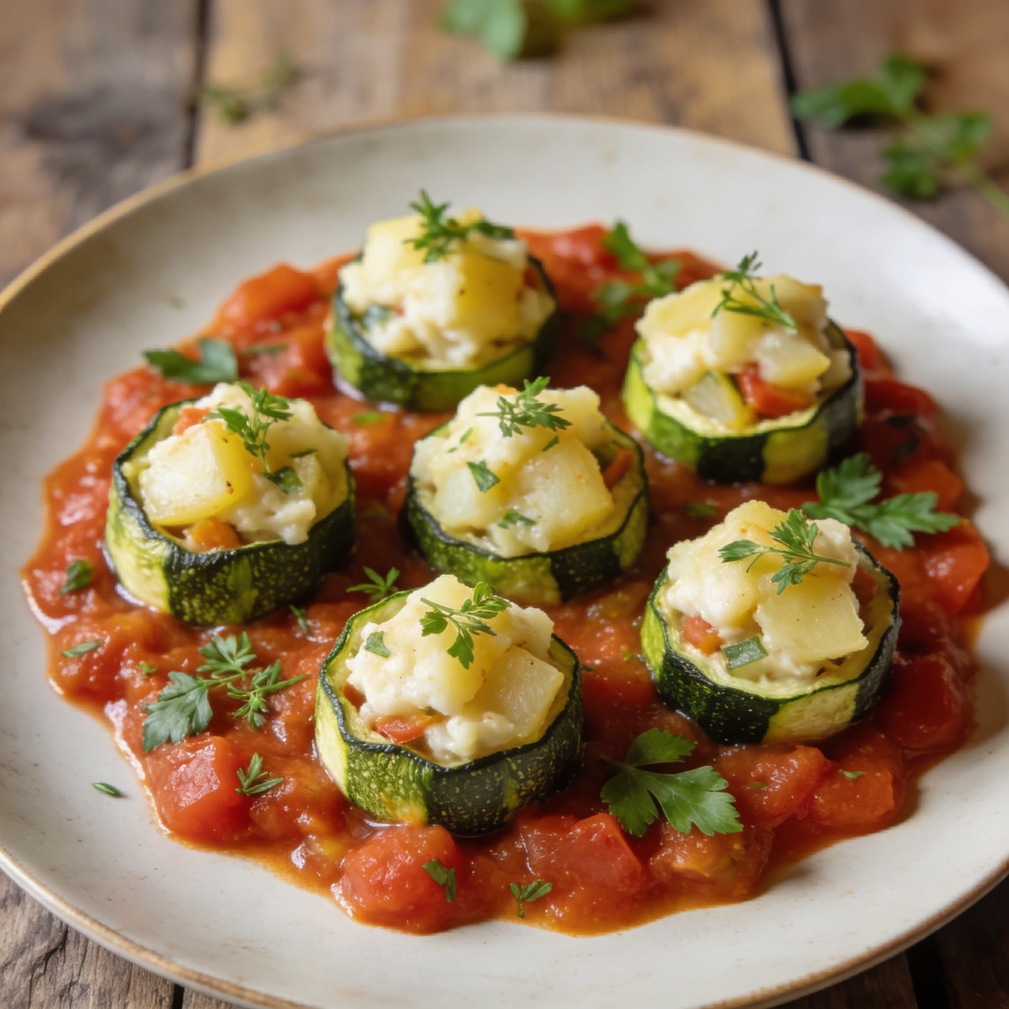 Gefüllte Zucchini auf Tomatensoße