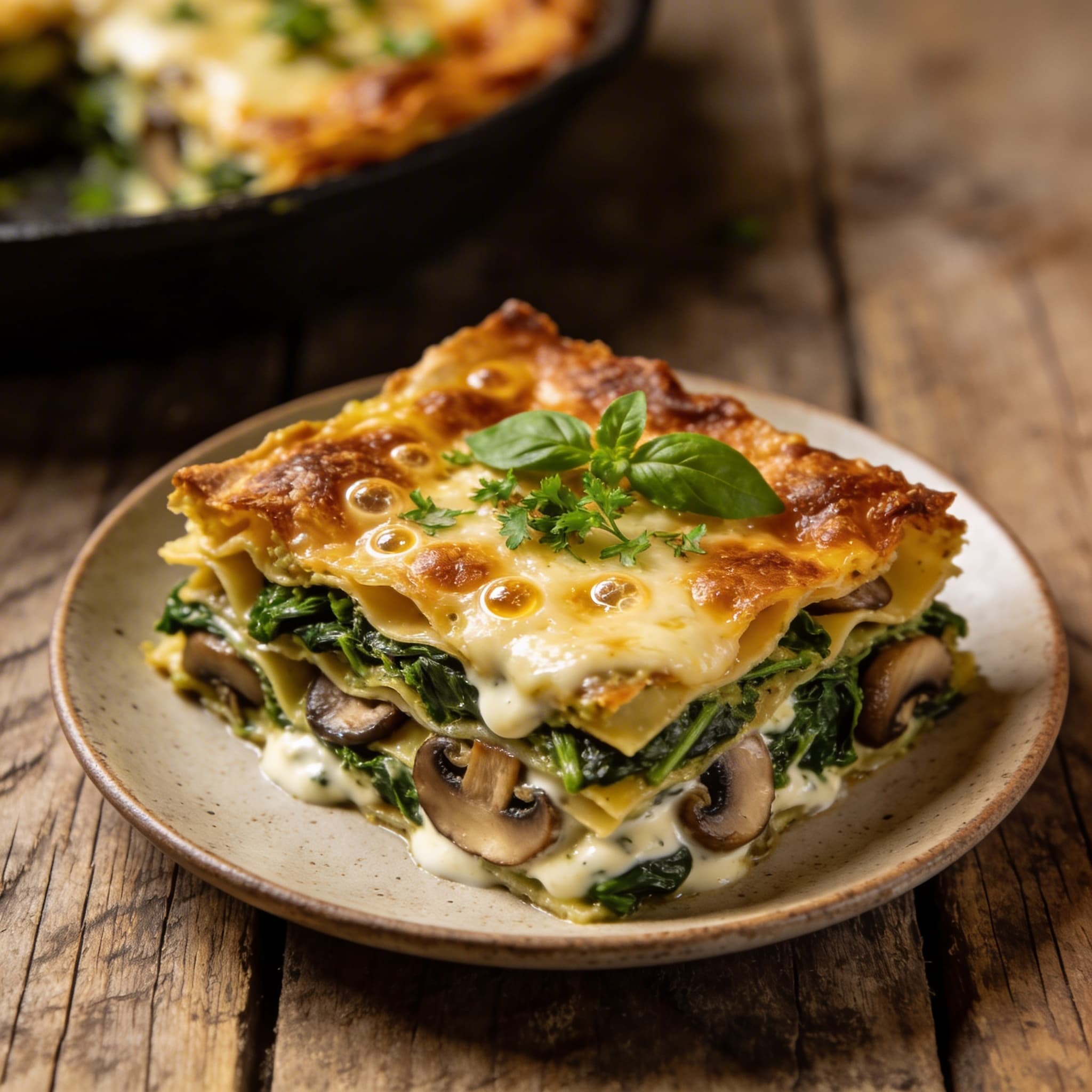 Vegane Pilz-Spinat-Lasagne