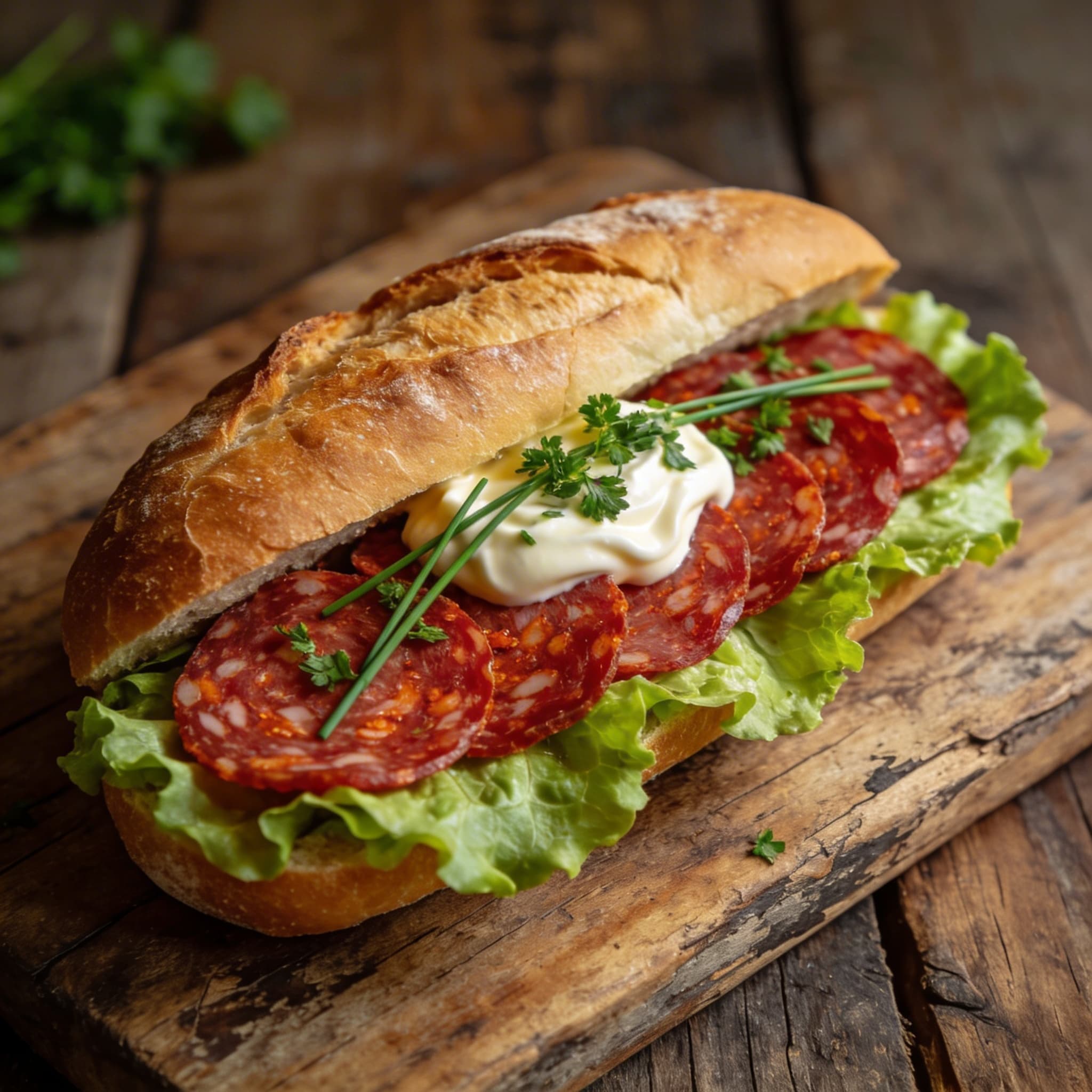 Klassisches Salamibrötchen mit Salat