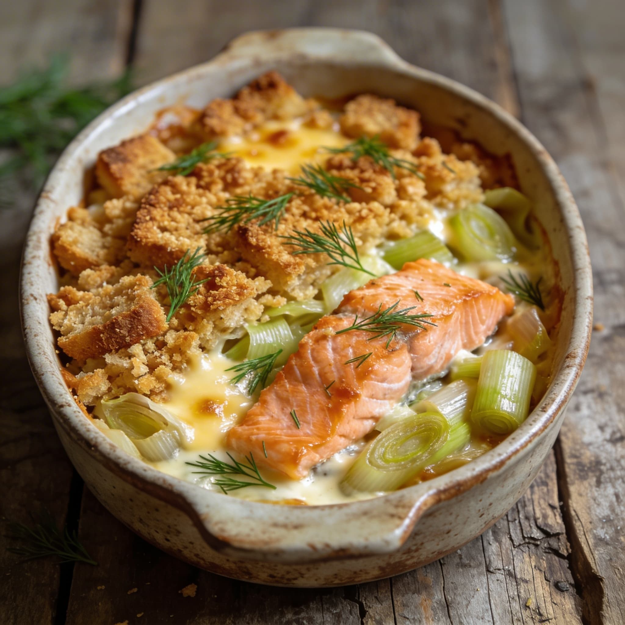 Herzhafter Porree-Lachs-Auflauf