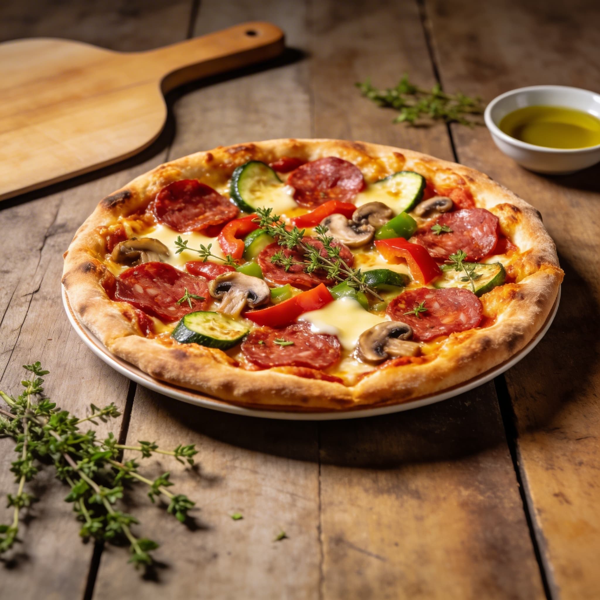 Hausgemachte bunte Salami-Pizza