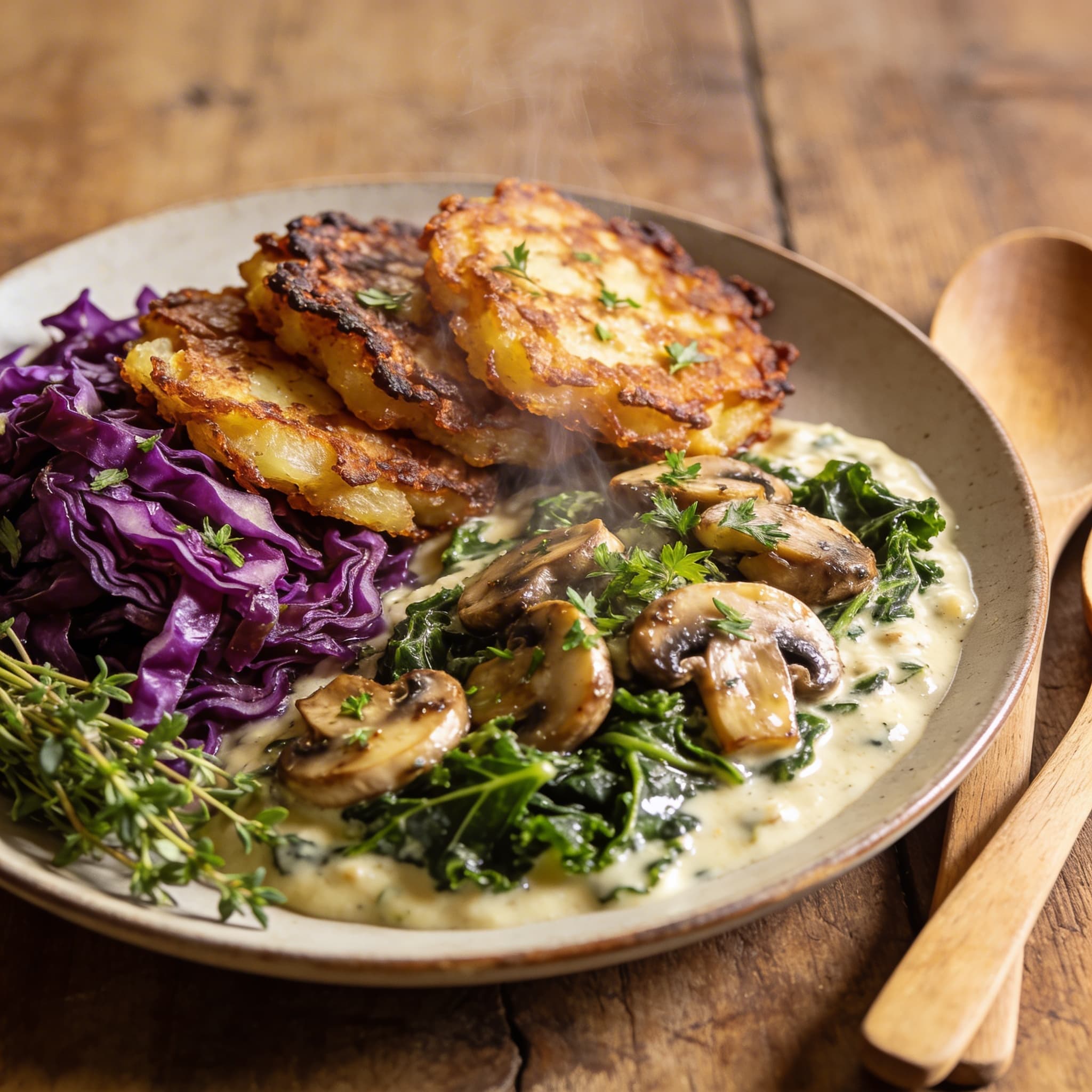 Winterliche Rotkohl-Puffer mit Pilzen