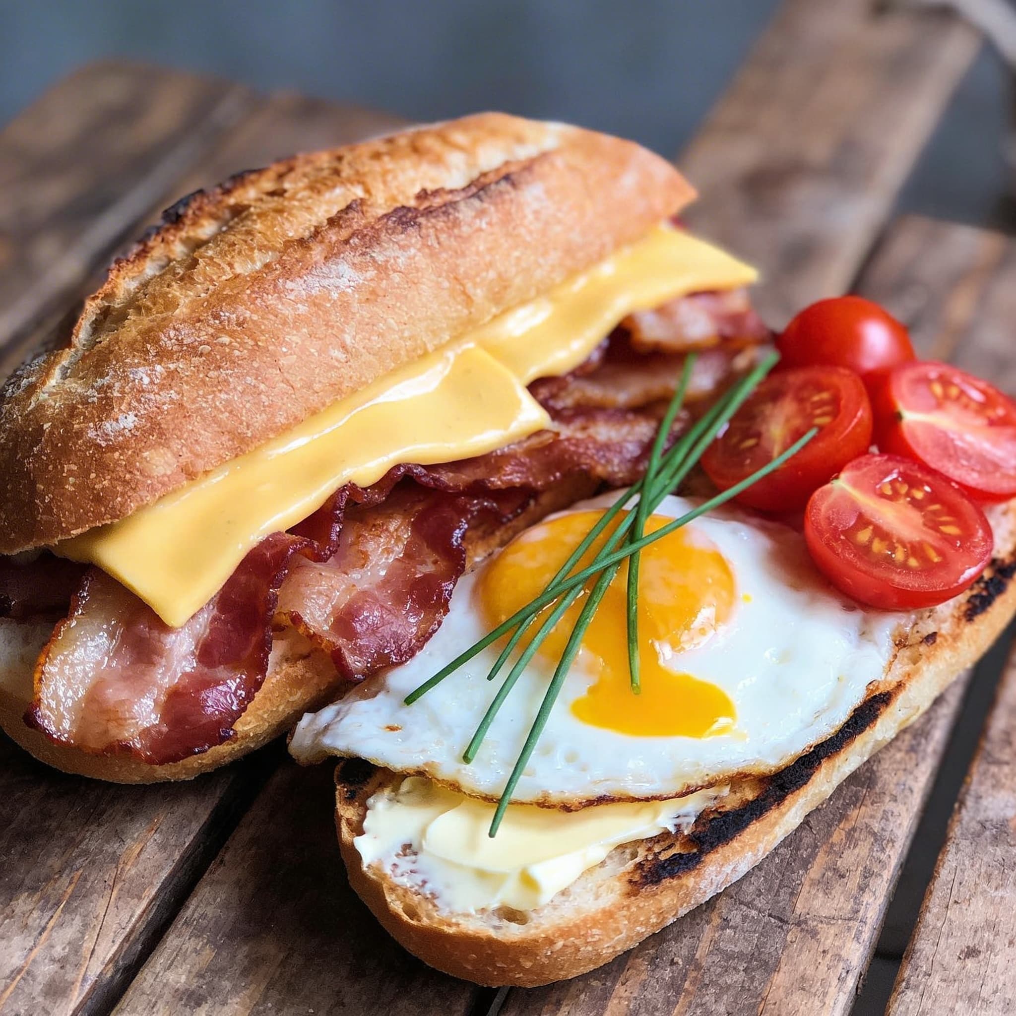 Herzhaftes Frühstücksbrötchen mit Speck