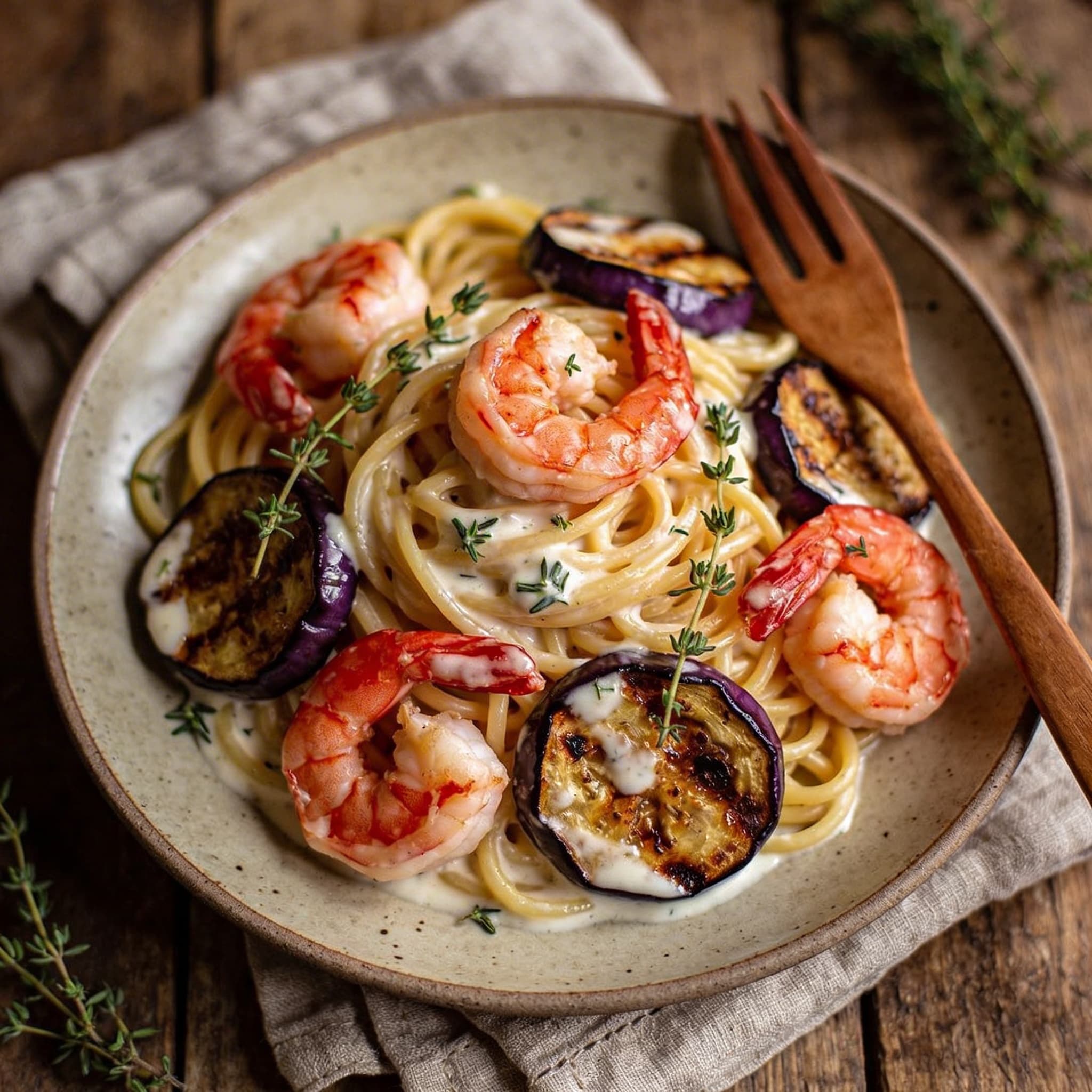Shrimp-Spaghetti mit Röst-Auberginen