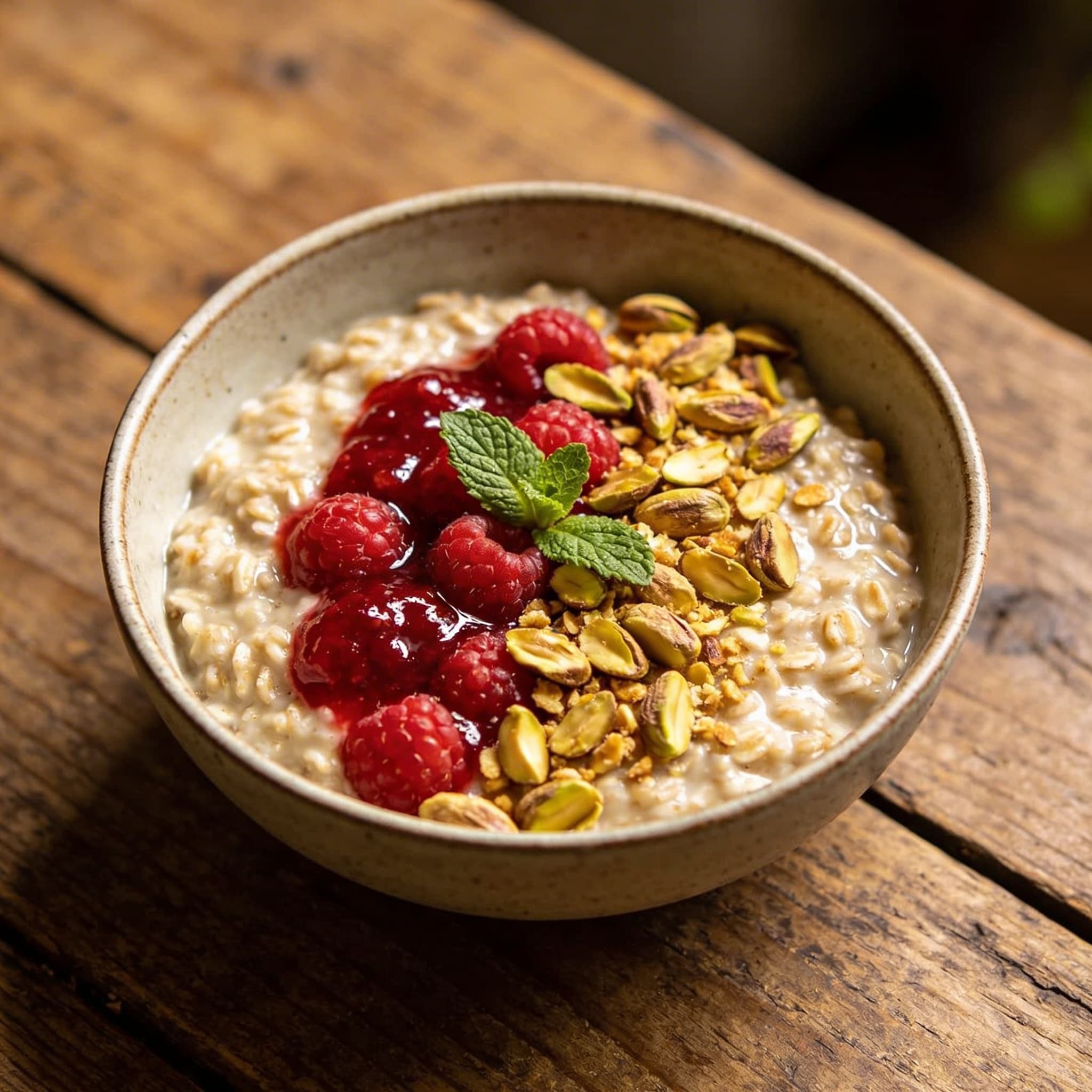 Warmer Beeren-Porridge mit Pistazien