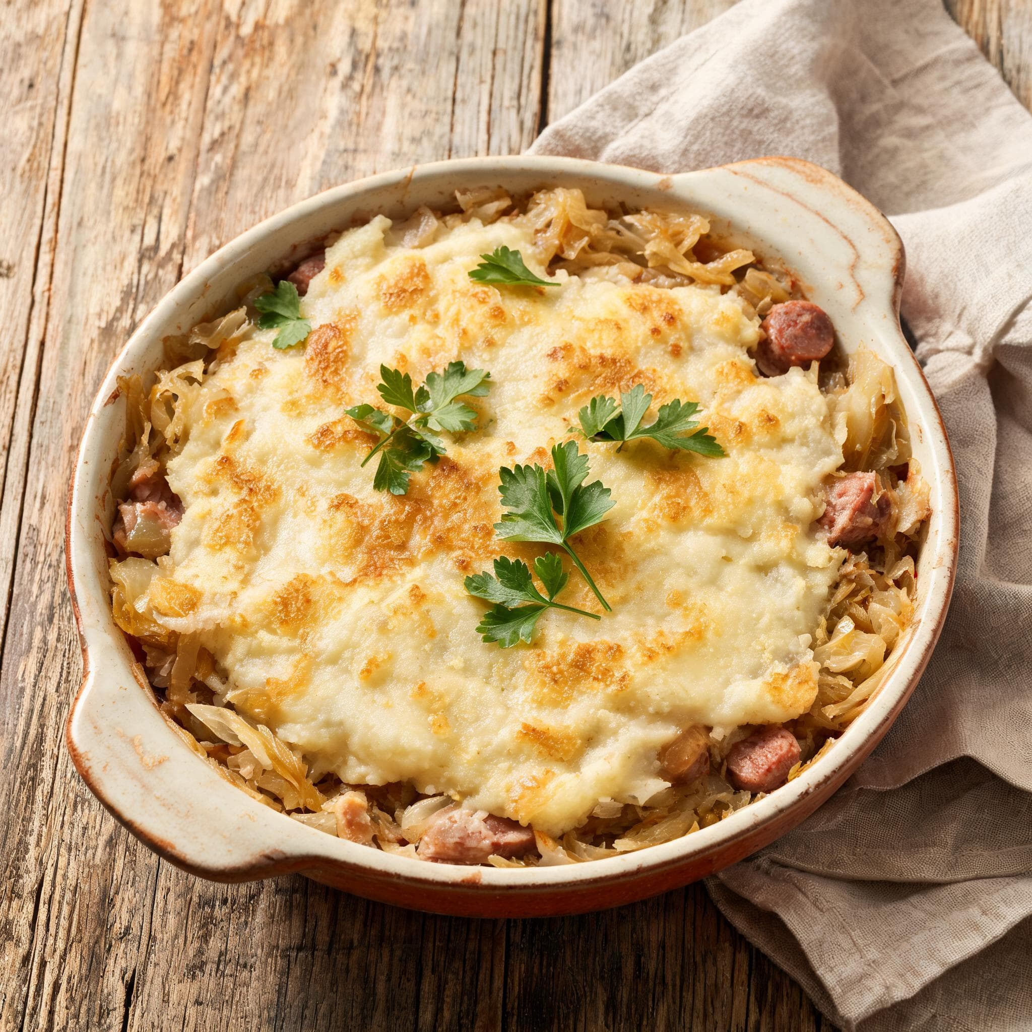 Gratin de choucroute et purée de pommes de terre