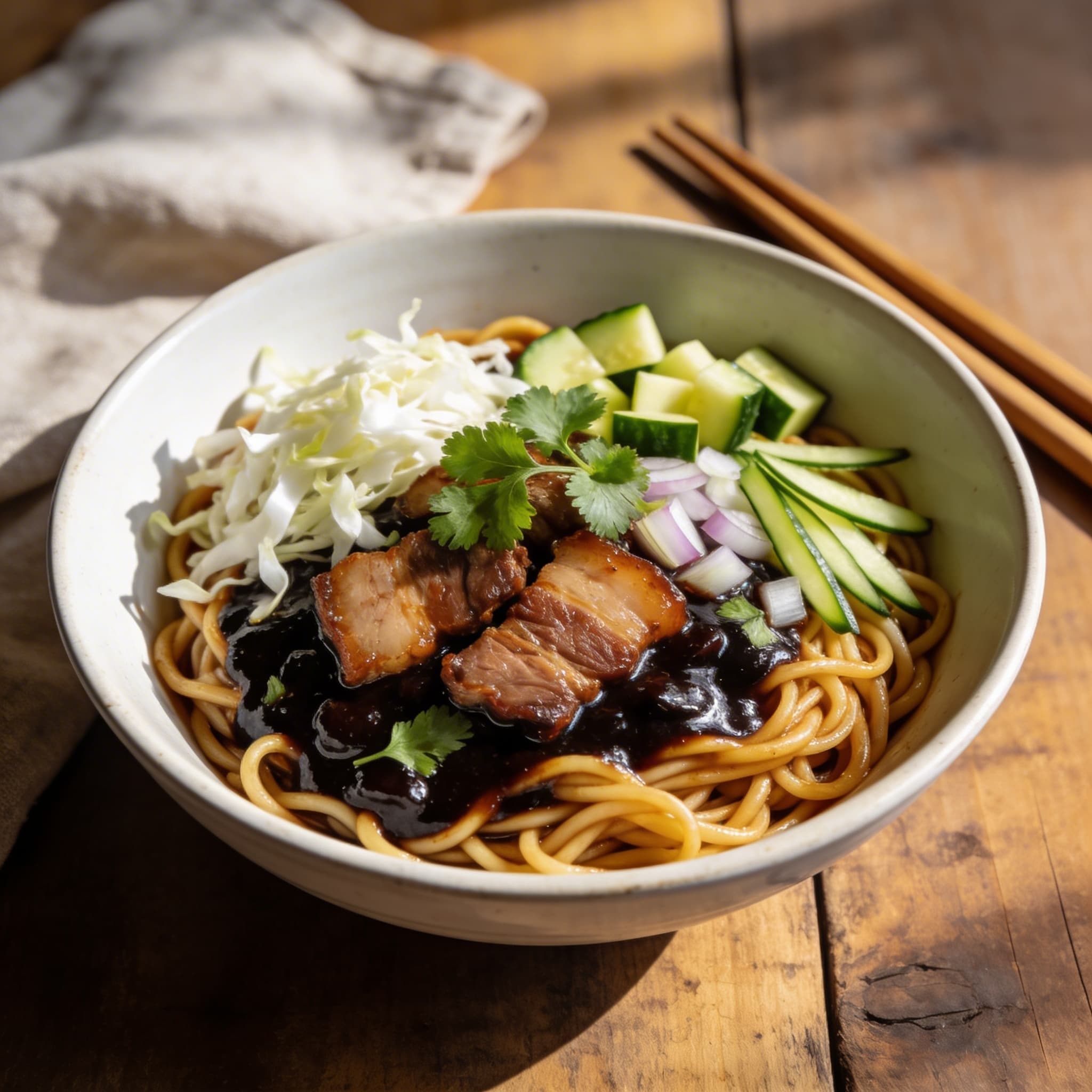 Herzhafte koreanische Jjajangmyeon Nudeln