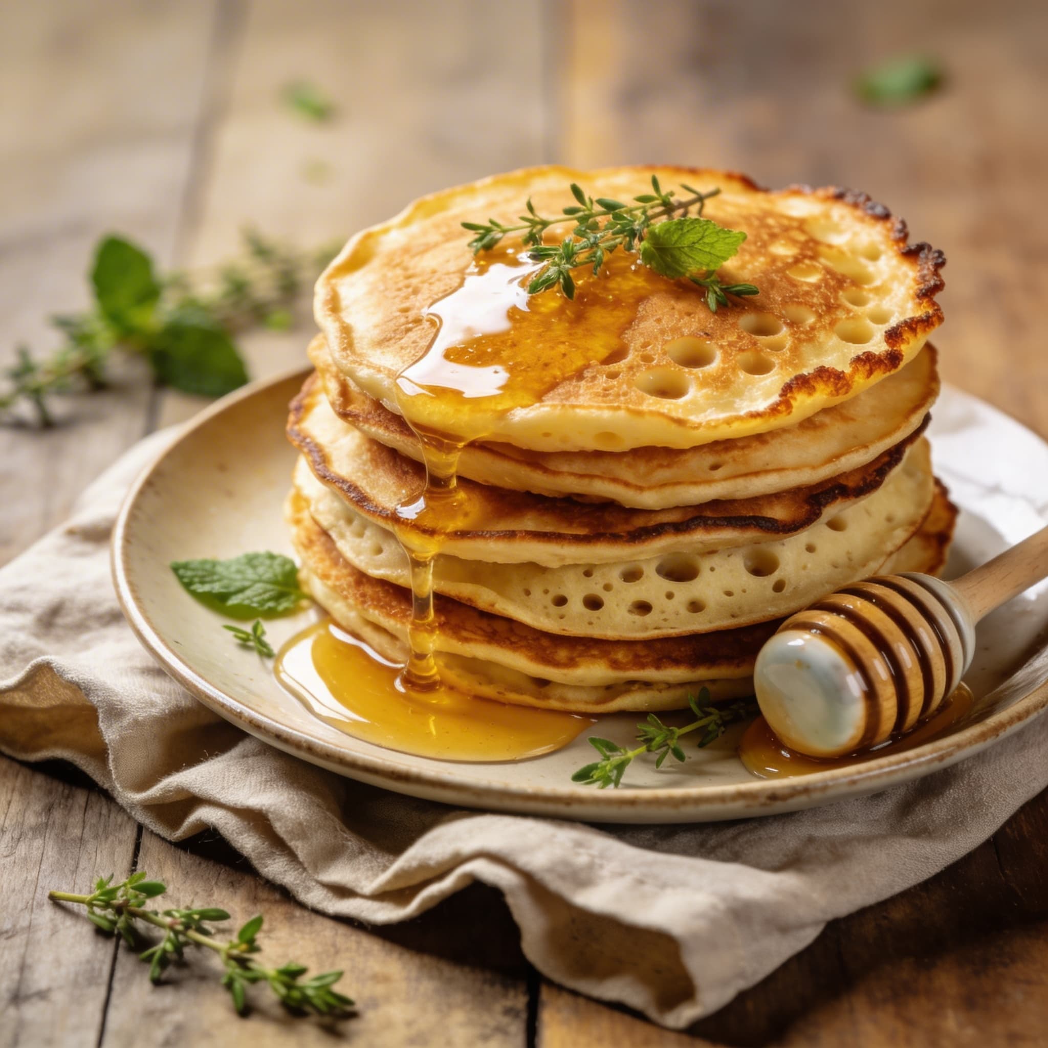 Goldbraune Pfannkuchen mit Honig