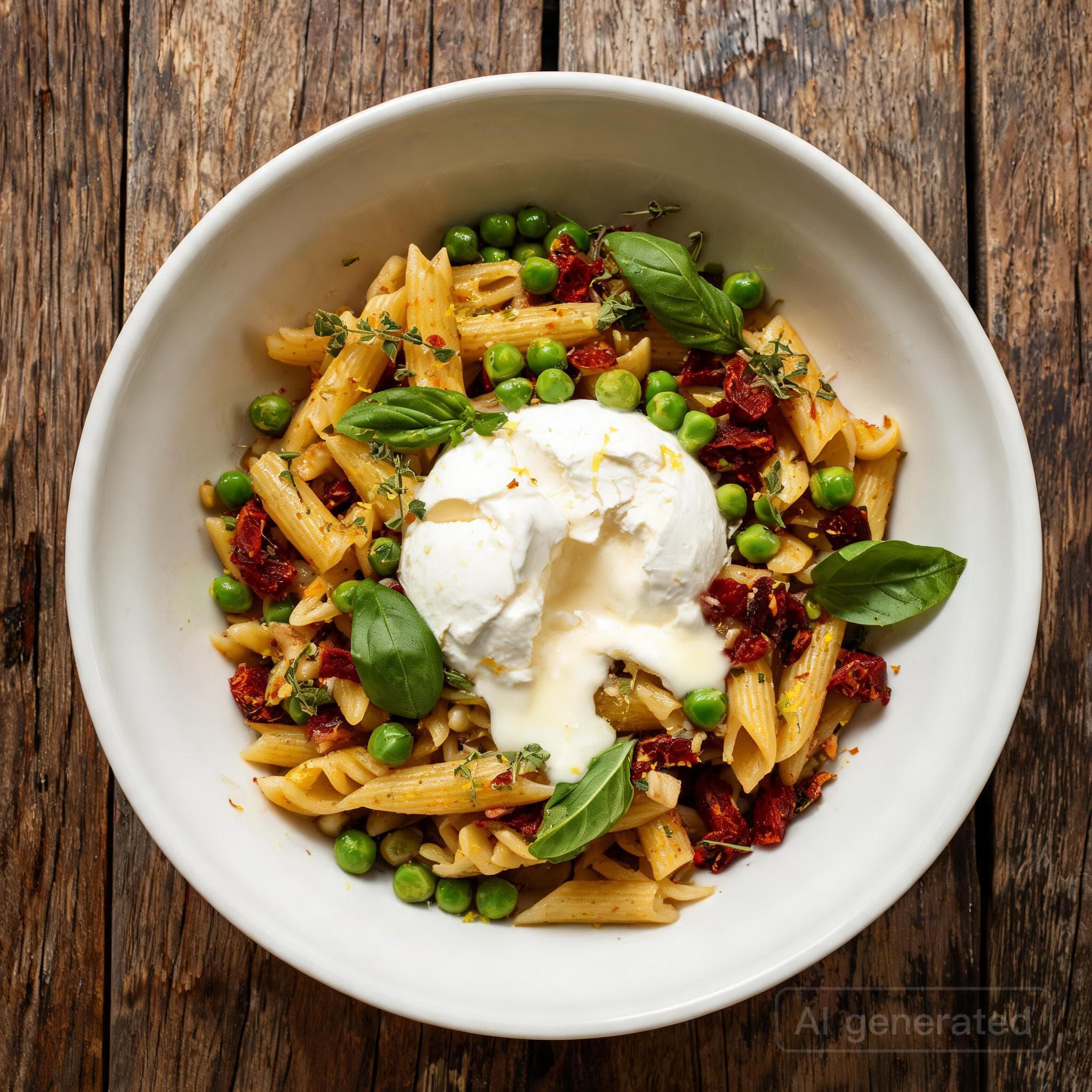Cremige Burrata-Pasta mit Erbsen