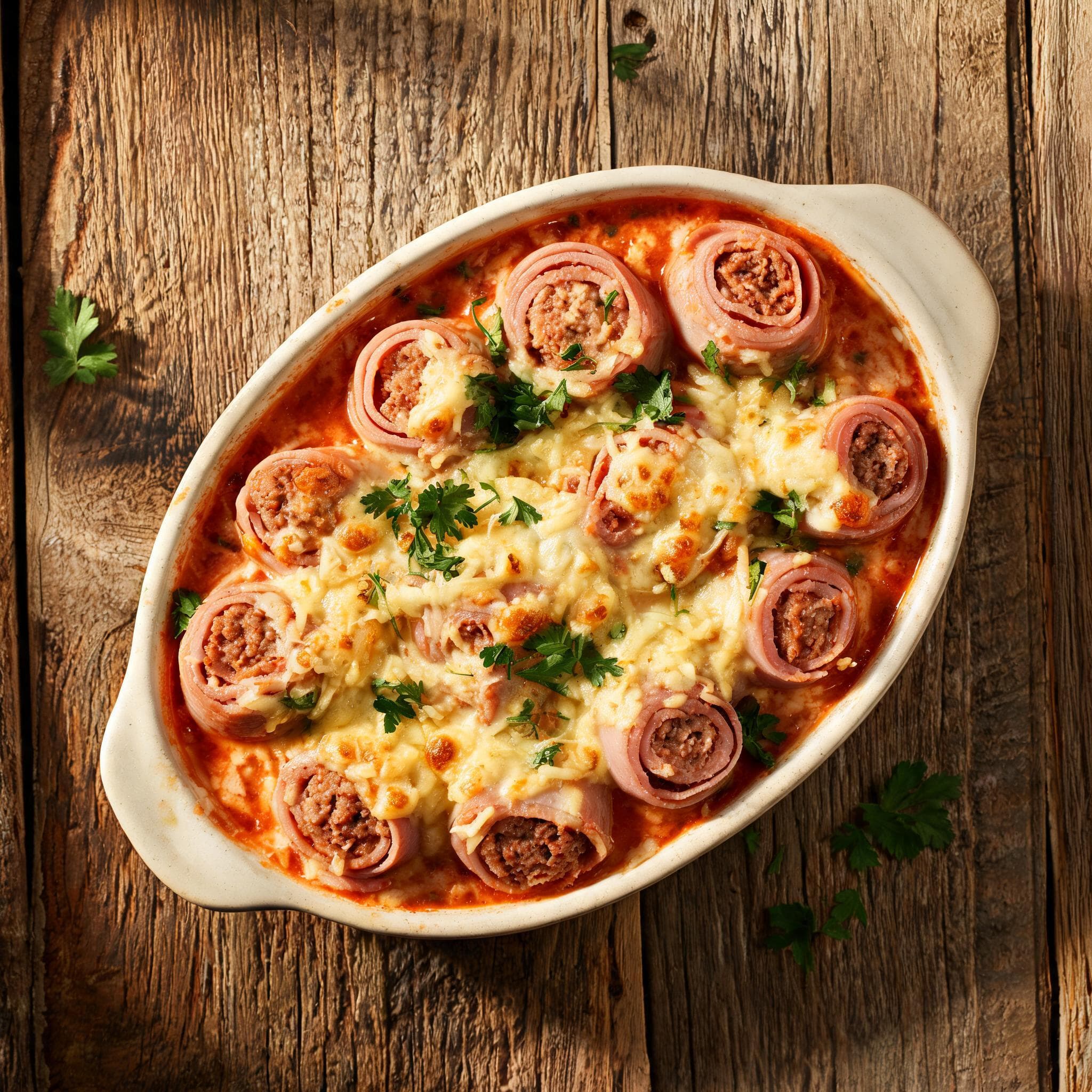 Schinken-Hack-Röllchen in Tomatensoße