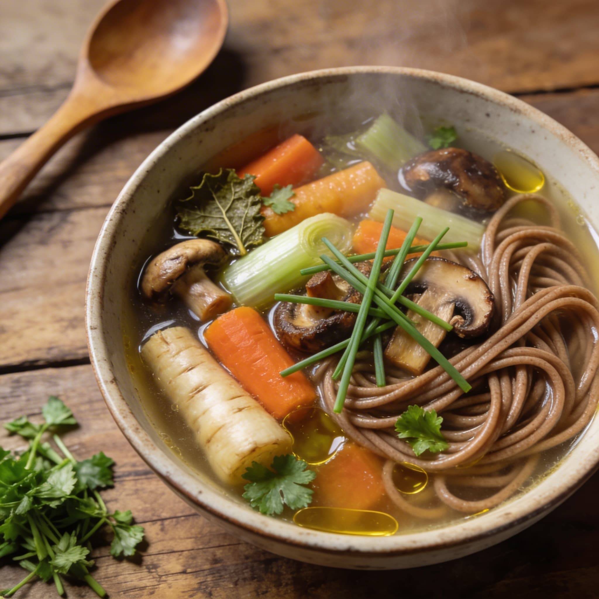Herzhafte Nudelsuppe mit Pilzen