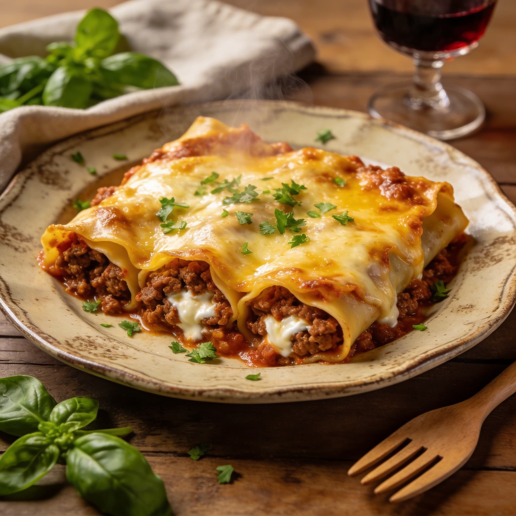 Überbackene Lasagnerollen mit Bolognese