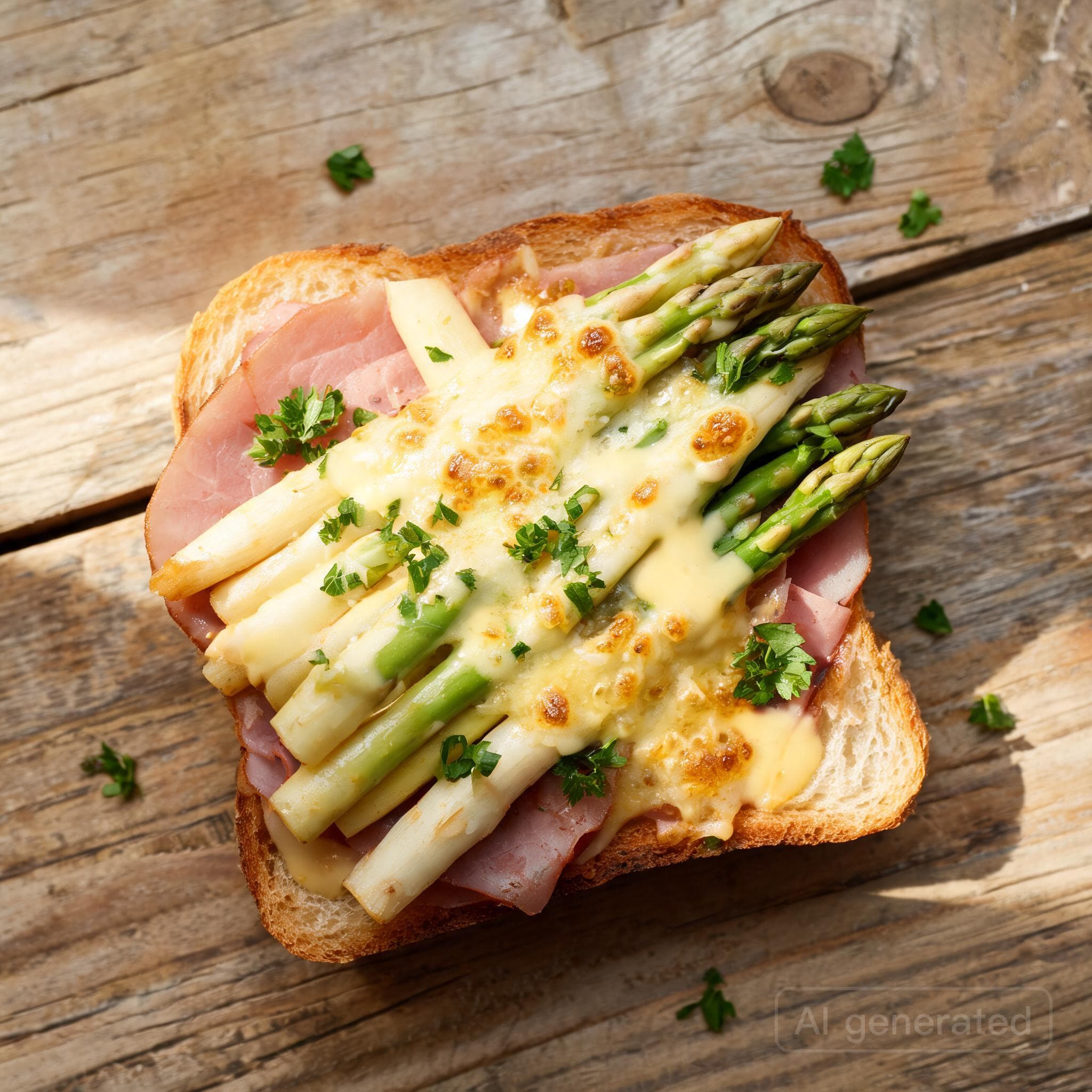 Überbackener Spargel-Toast mit Schinken
