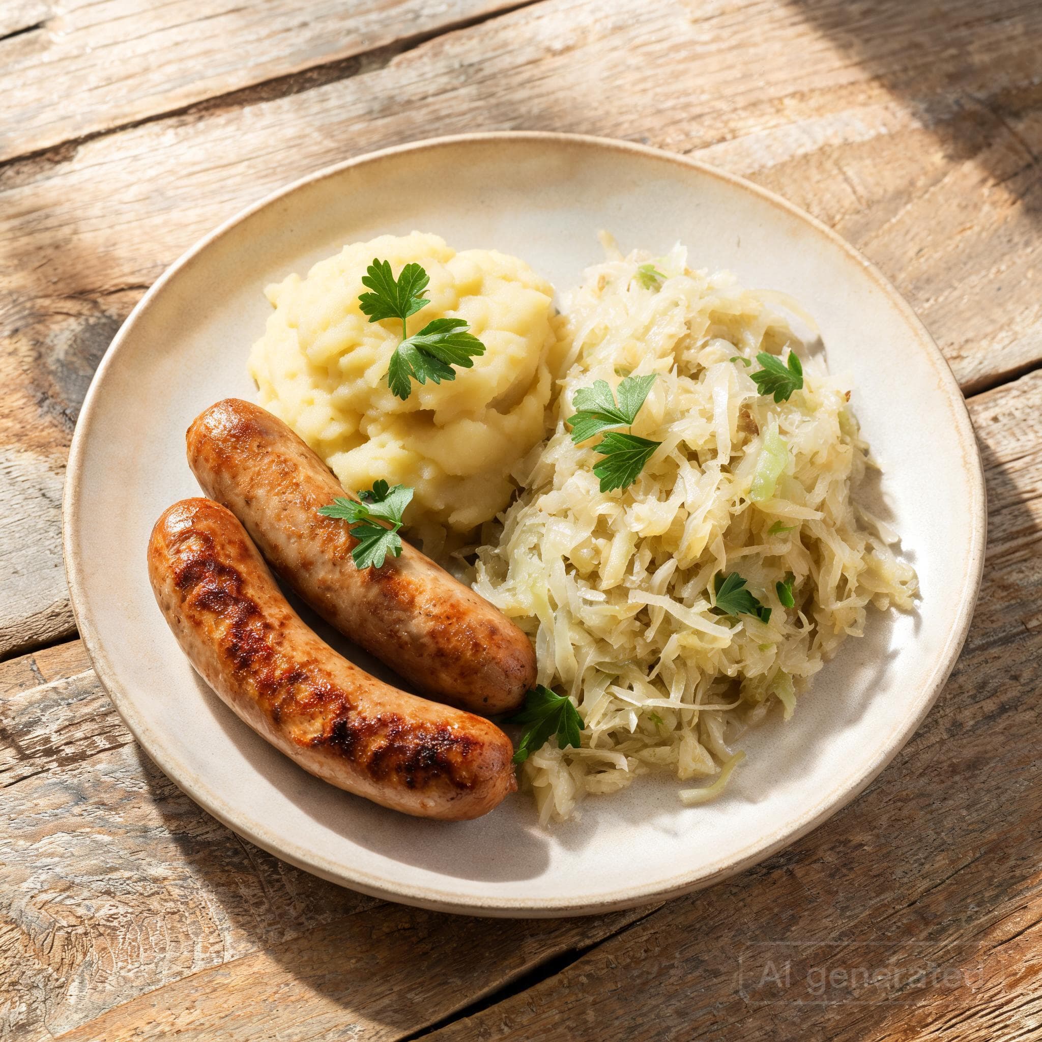 Bratwurst mit Sauerkraut und Kartoffelpüree