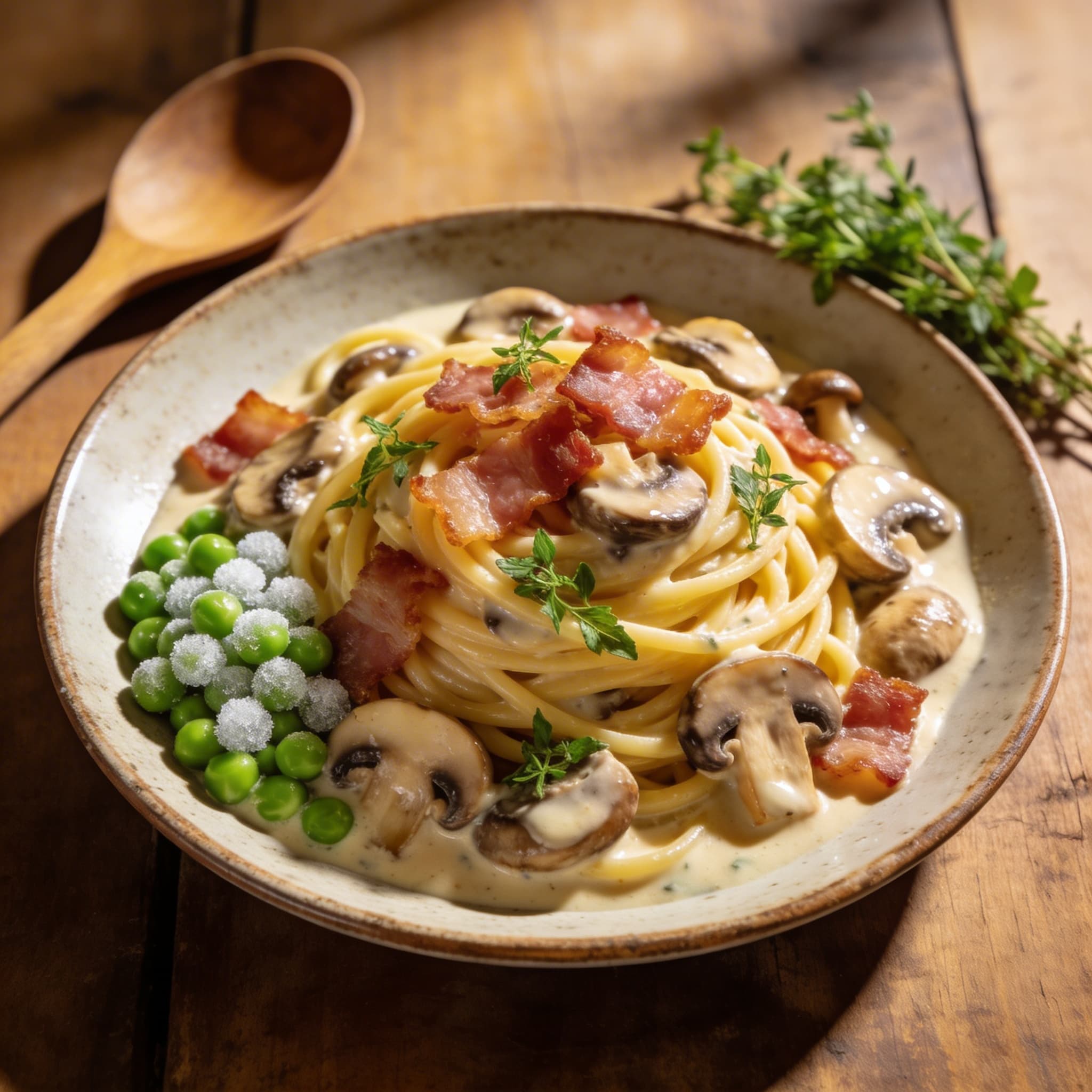 Cremige Pilz-Spaghetti mit Speck
