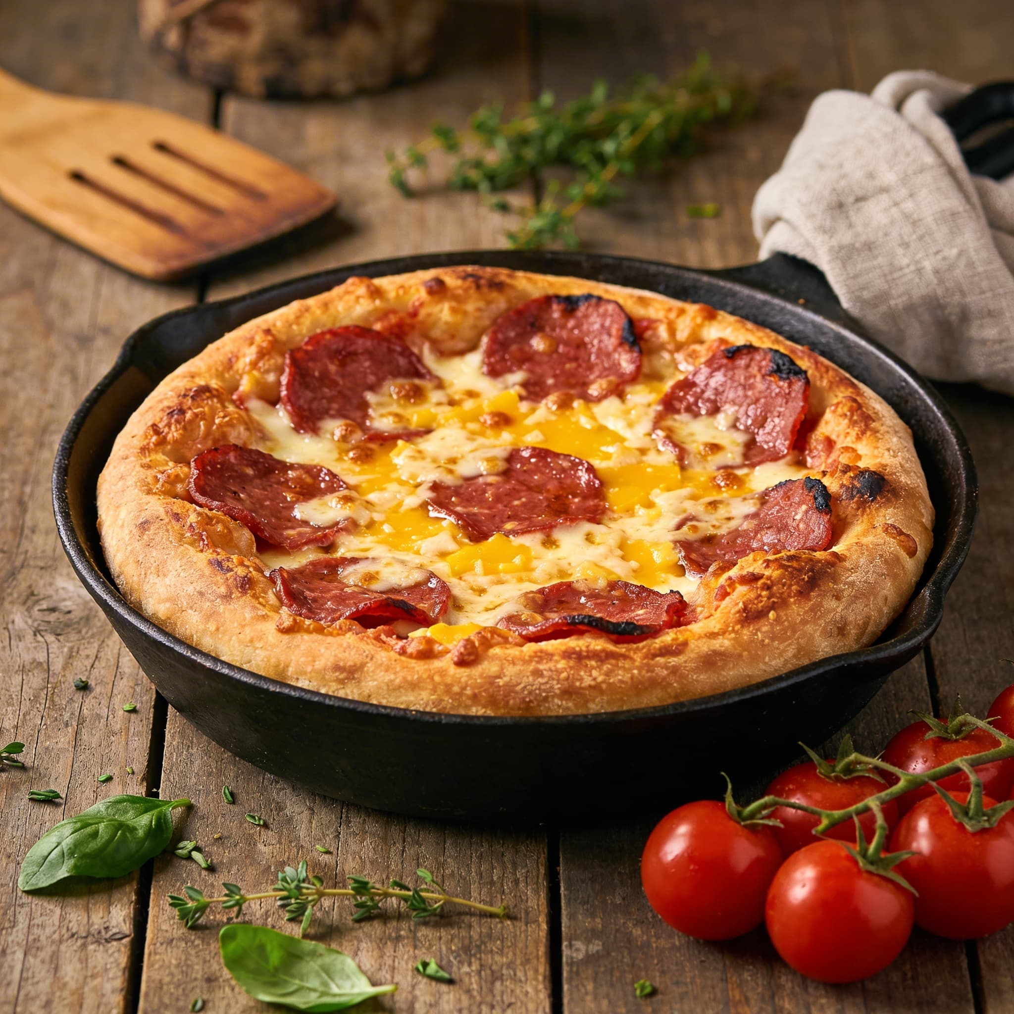 Knusprige Salami-Pfannenpizza