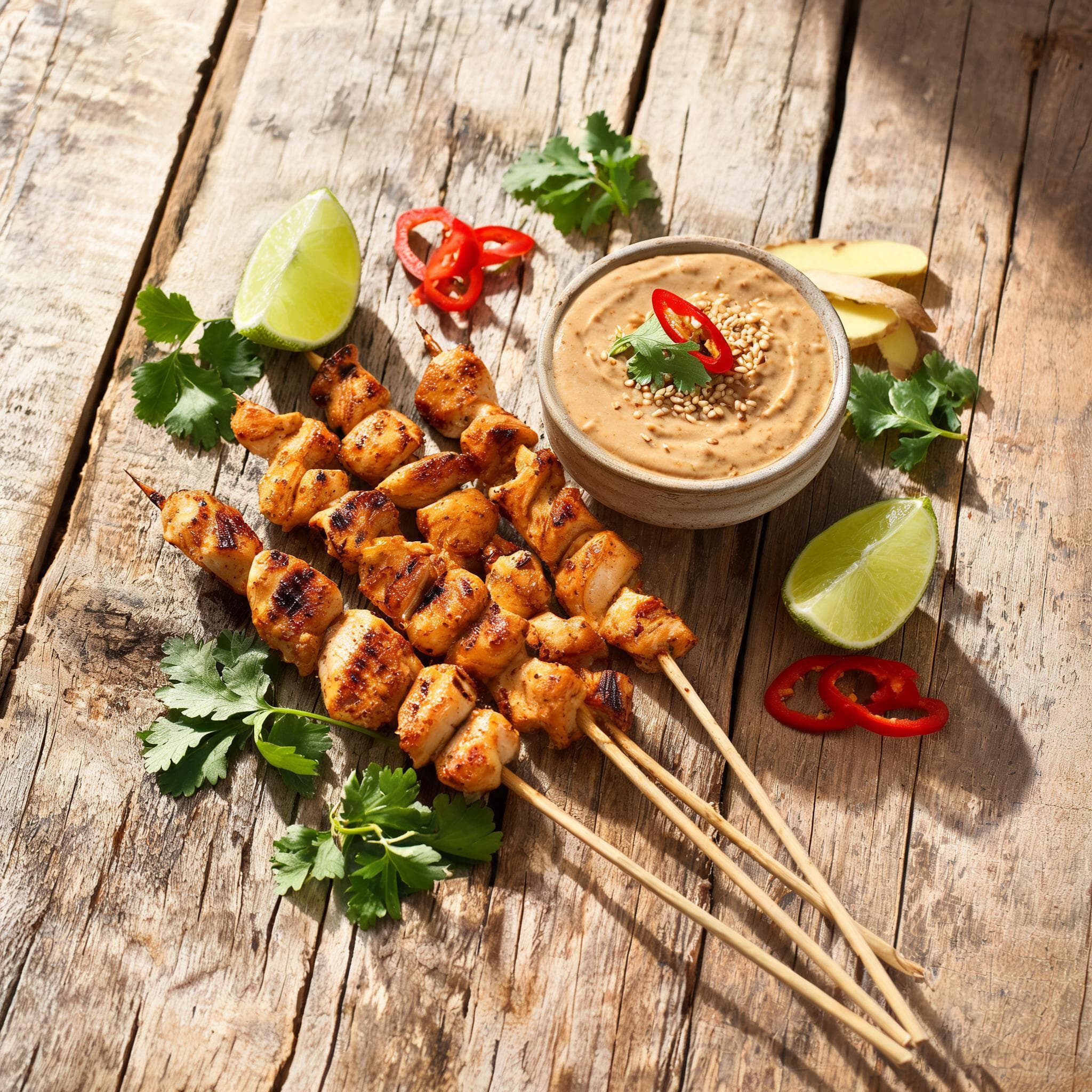 Brochettes de poulet, sauce aux cacahuètes