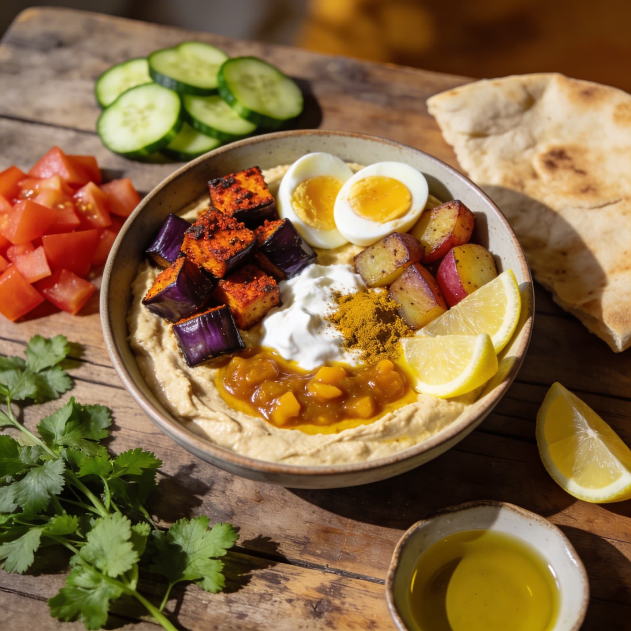 Würzige Hummus-Sabich-Bowl