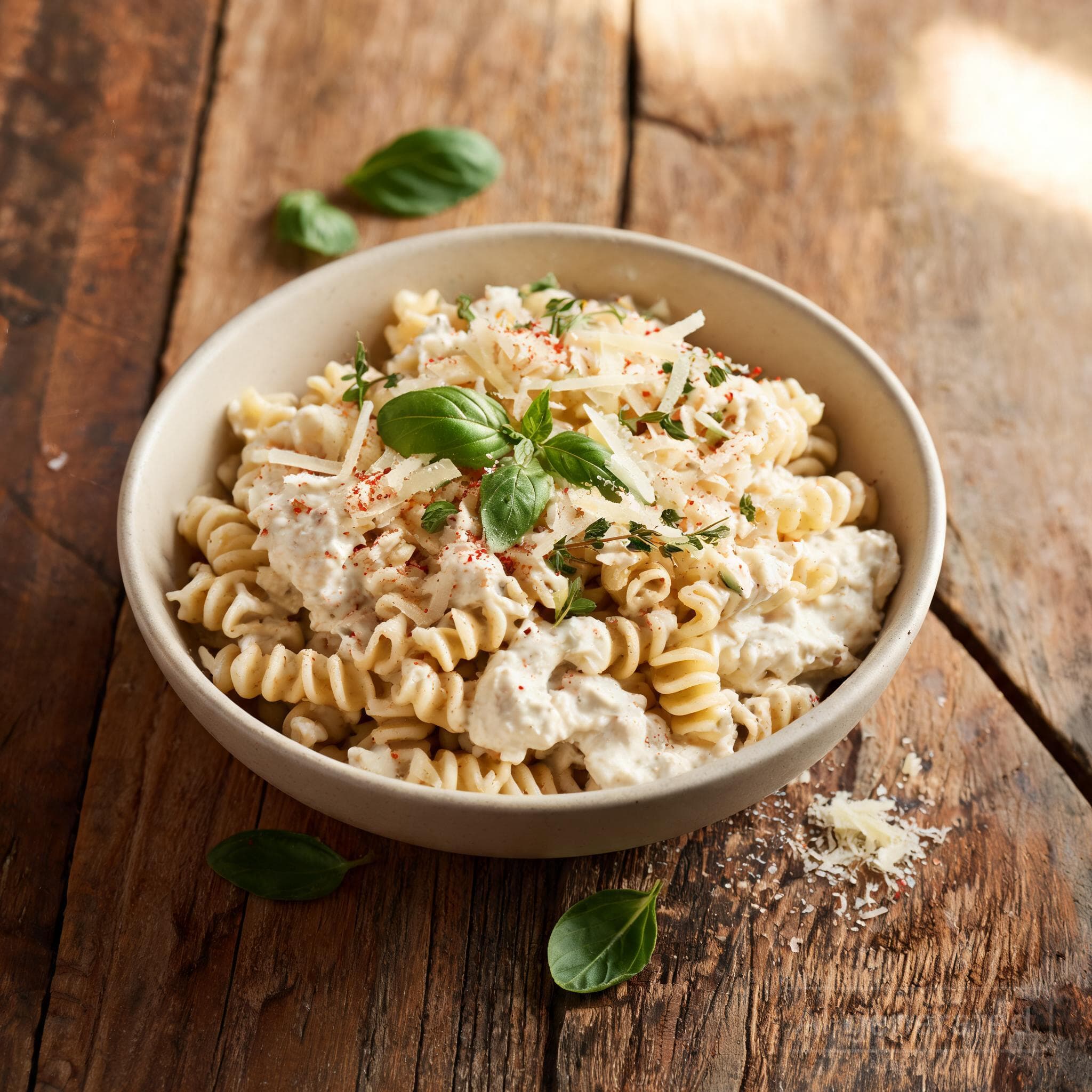Cremige Fusilli mit Hüttenkäse