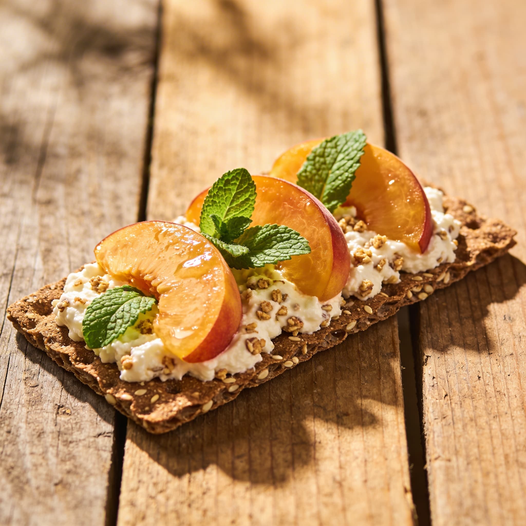 Knäckebrot mit Hüttenkäse und Pfirsich
