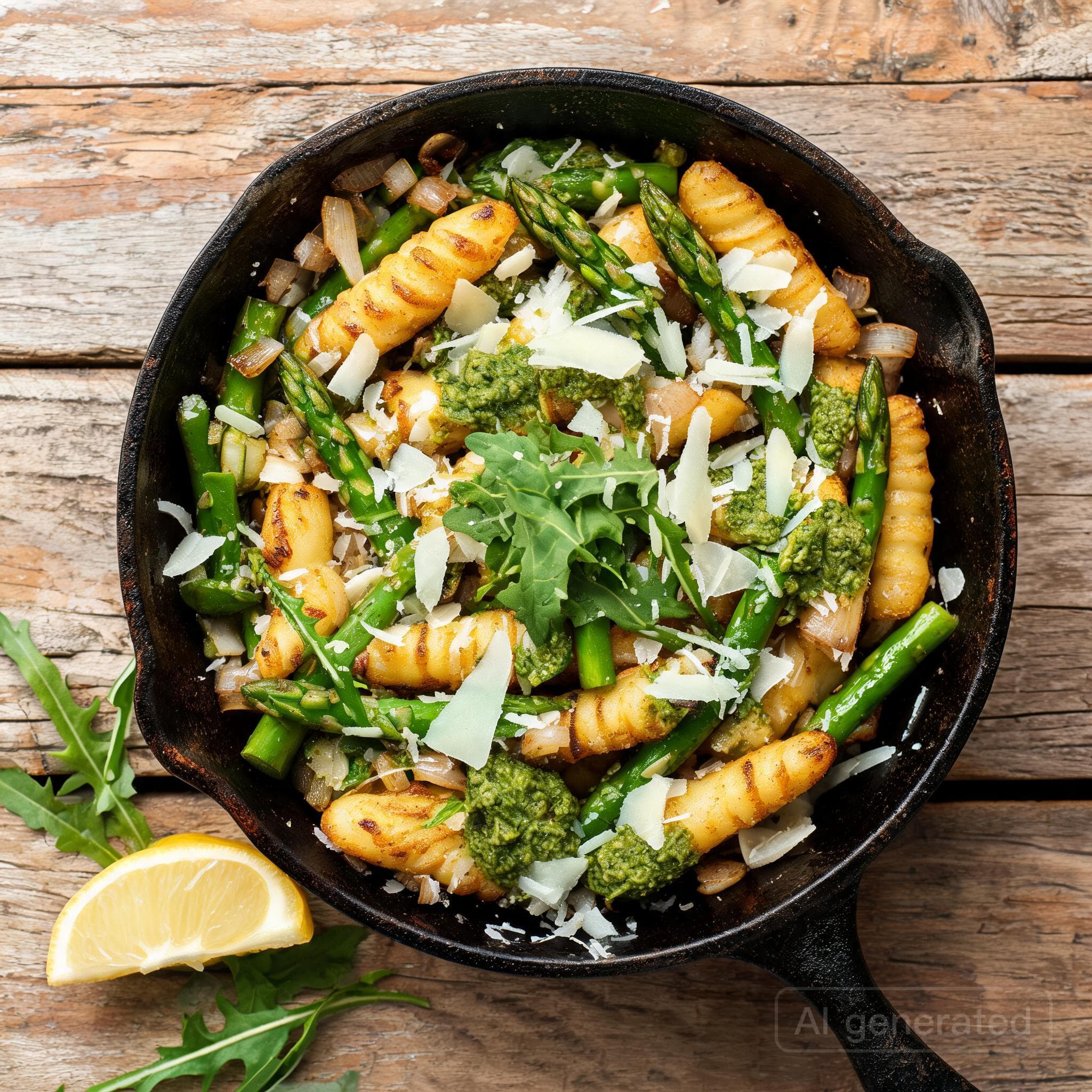 Schupfnudel-Pfanne mit grünem Spargel