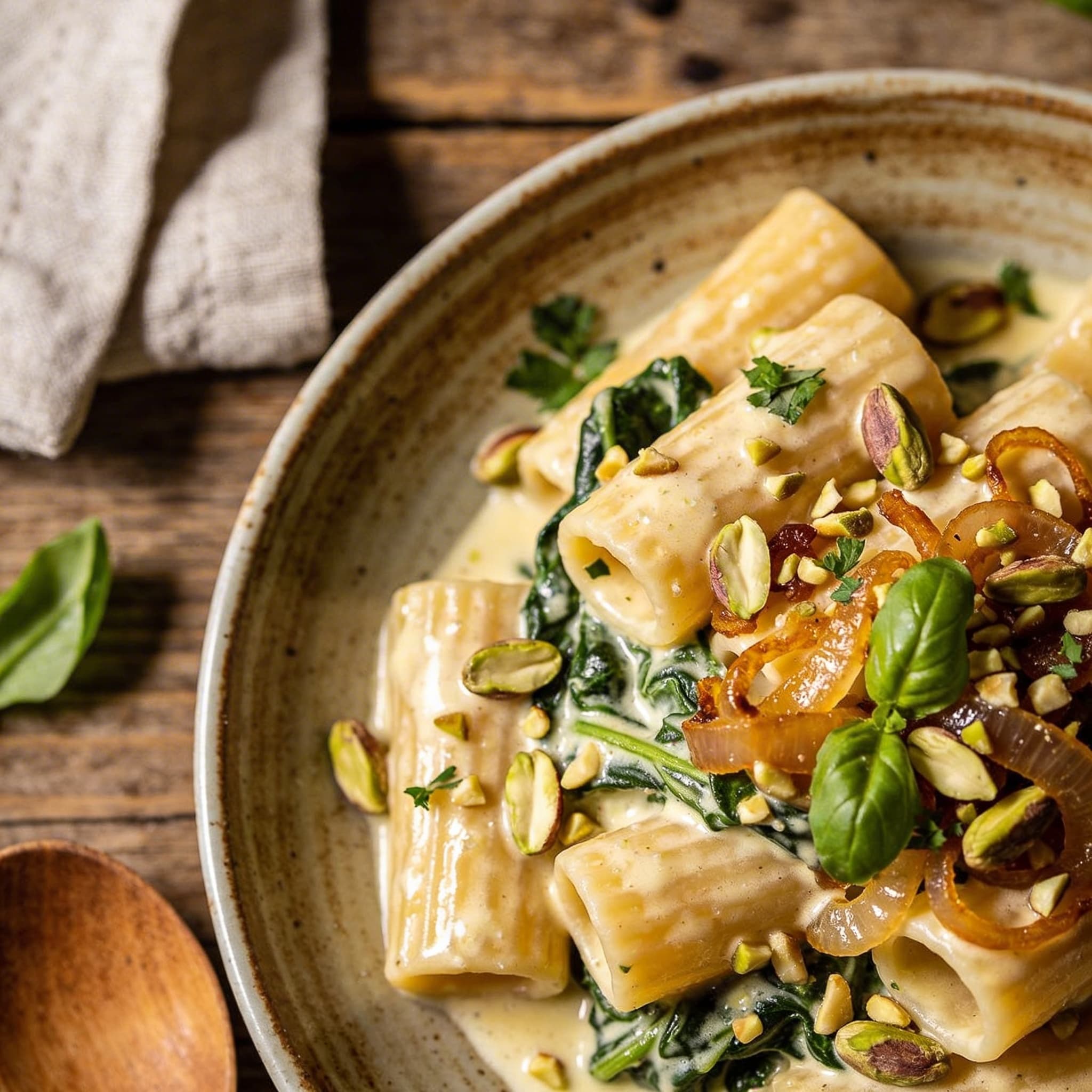 Cremige Spinat-Rigatoni mit Pistazien