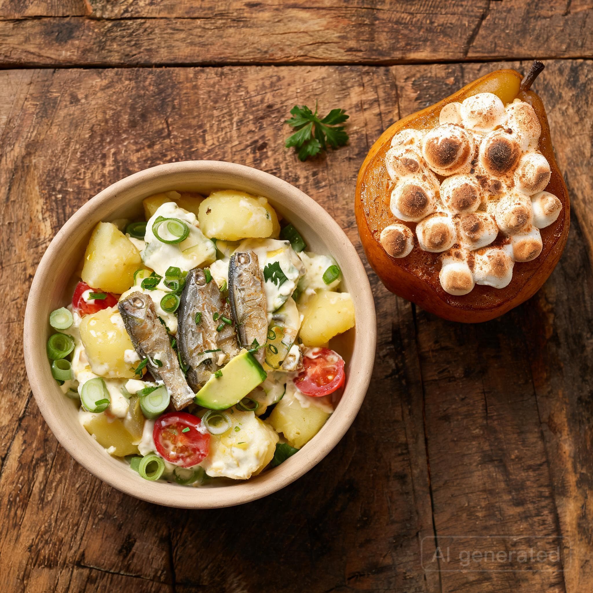 Kartoffelsalat mit Marshmallow-Birne