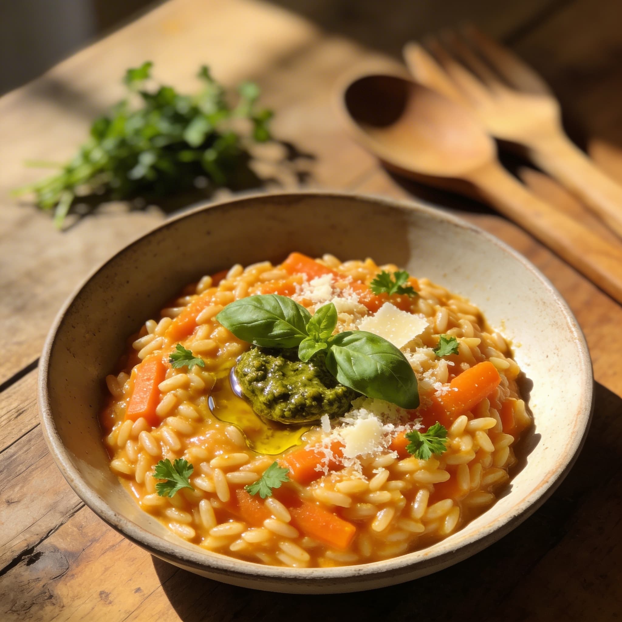 Cremiges Karotten-Orzotto mit Pesto