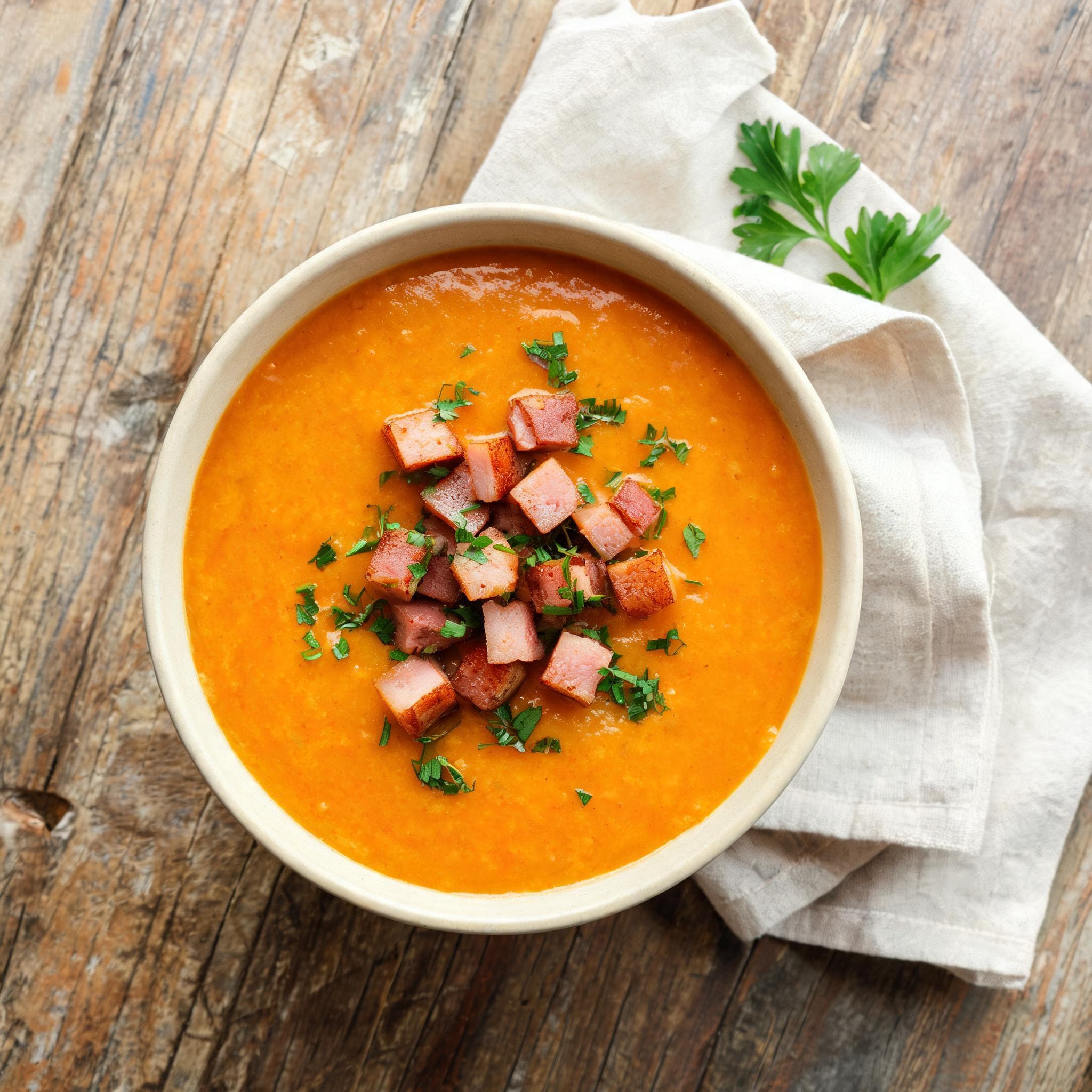 Karottensuppe mit Schinkenwürfeln