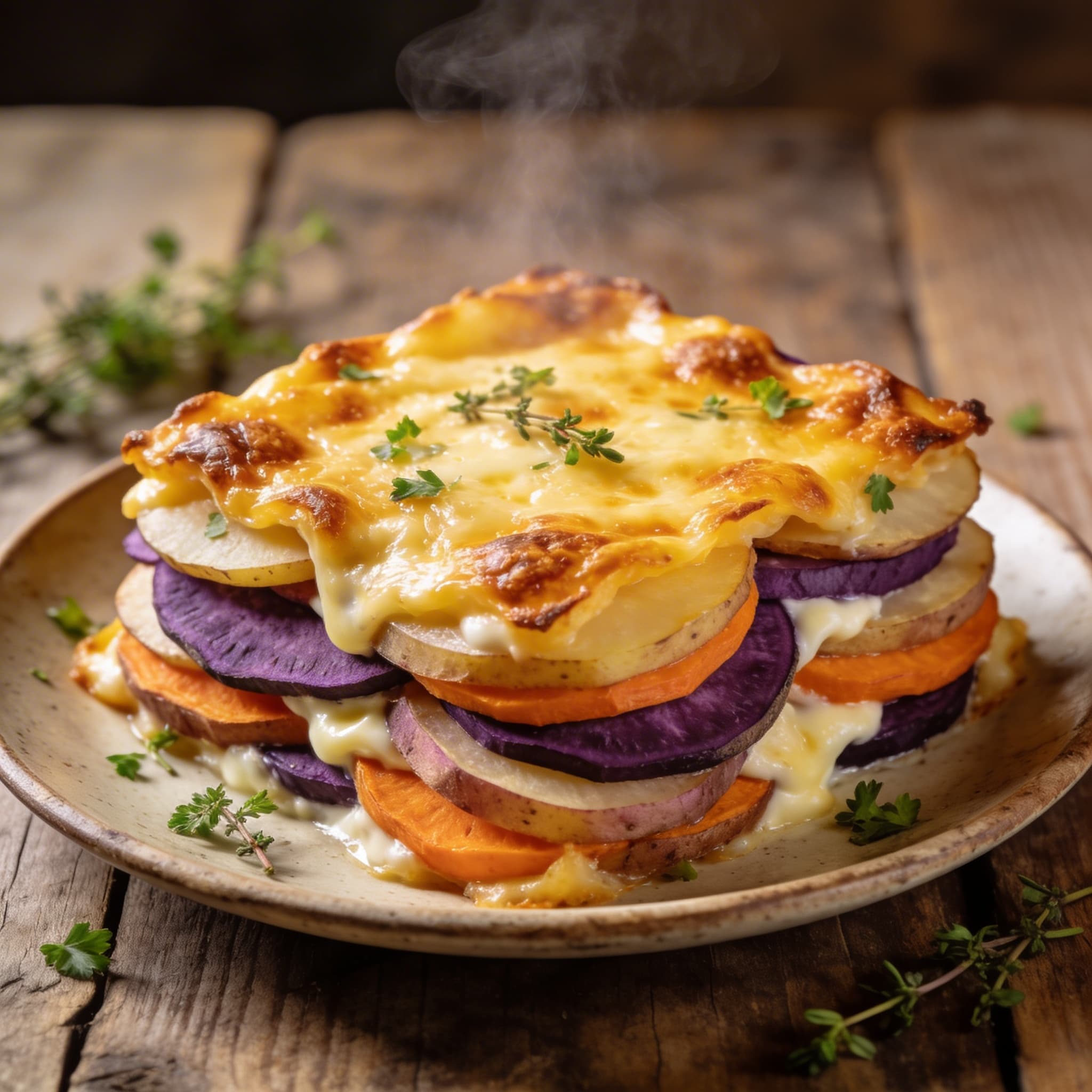 Buntes Drei-Farben-Kartoffelgratin