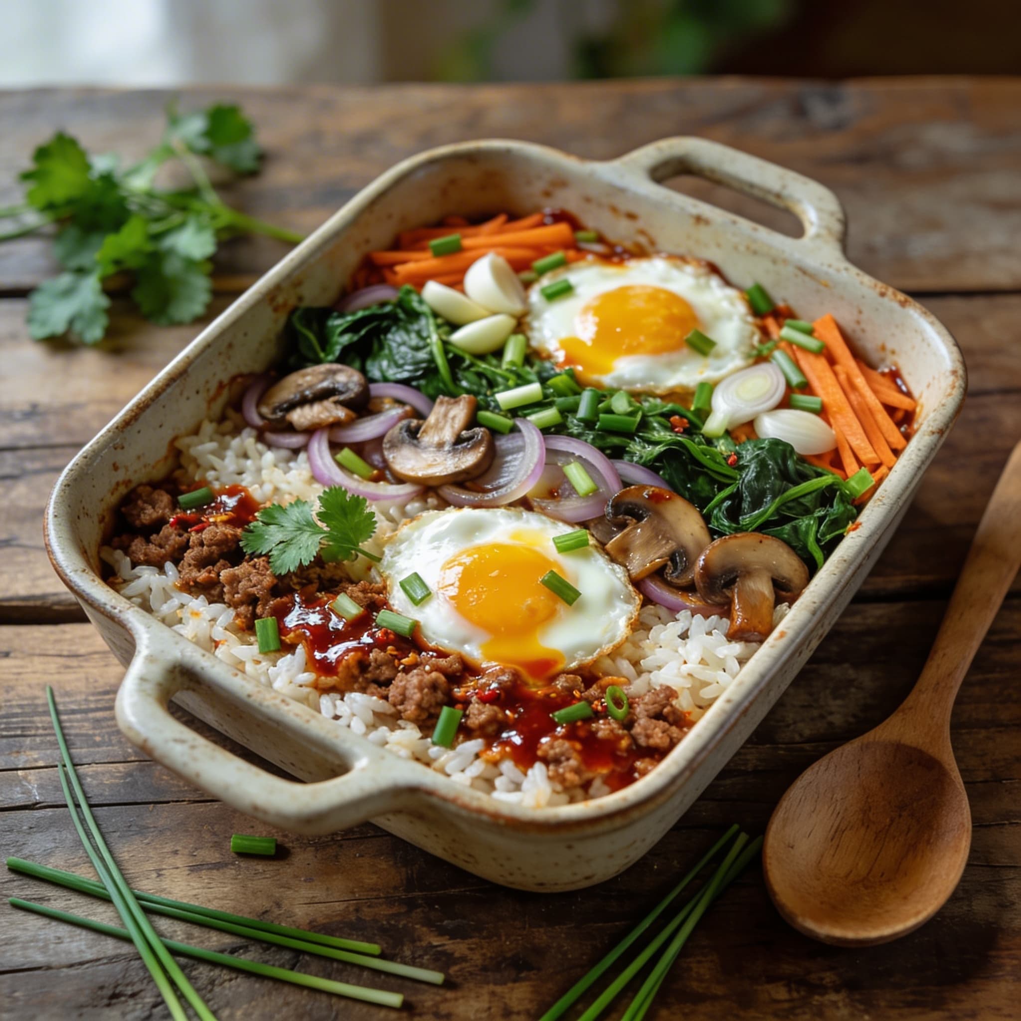 Würziger Bibimbap-Auflauf mit Hackfleisch