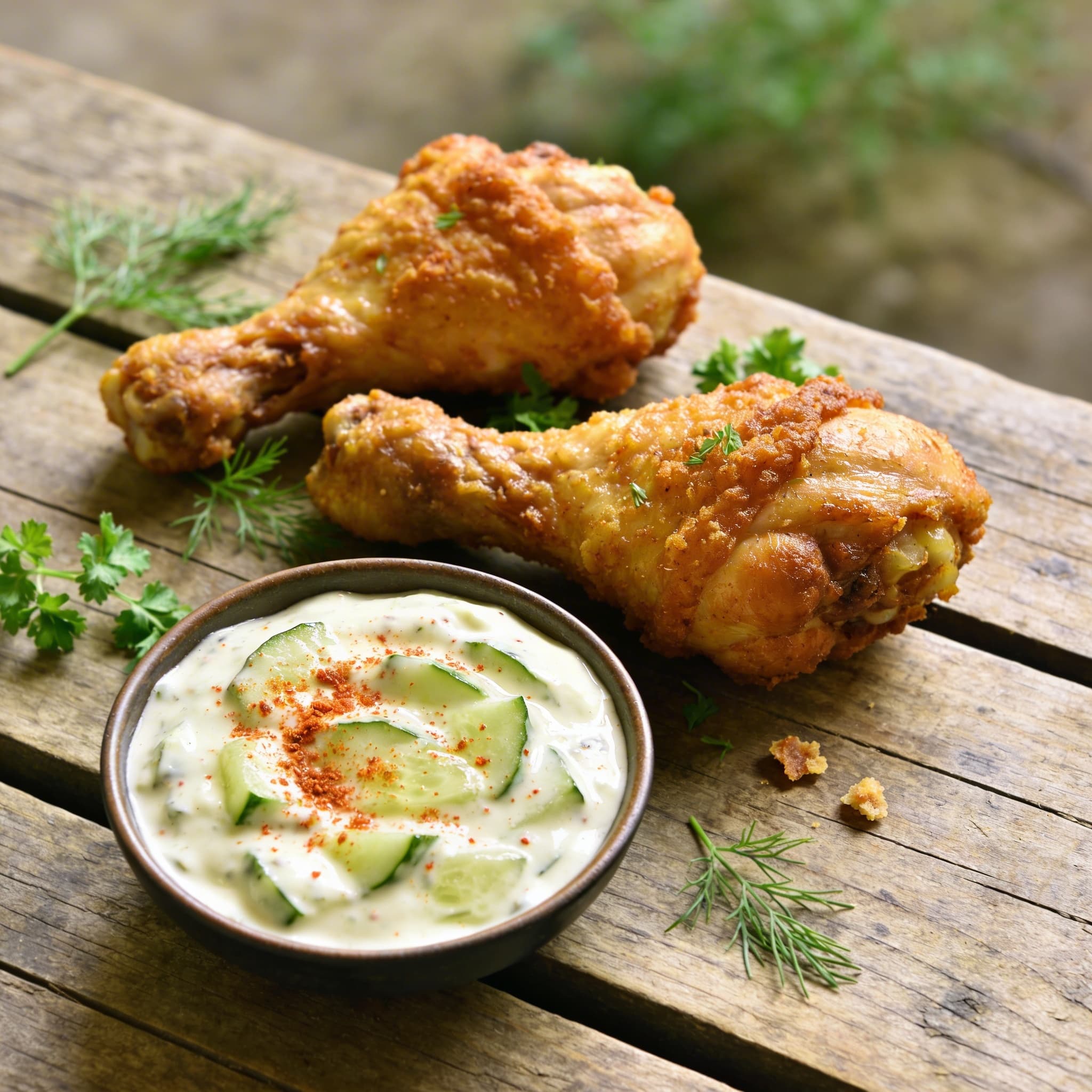 Knusprige Hähnchenkeulen mit Dip