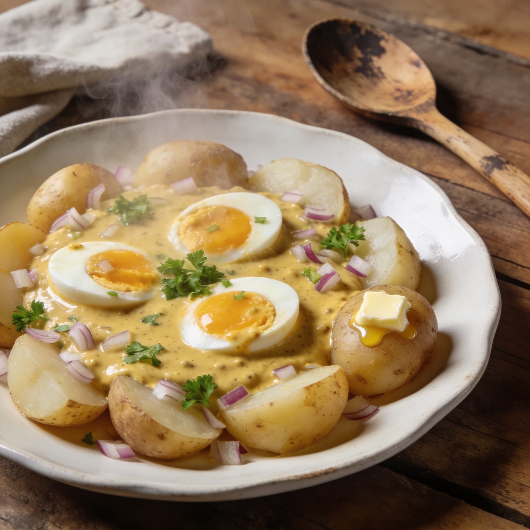 Klassische Senfeier mit Kartoffeln