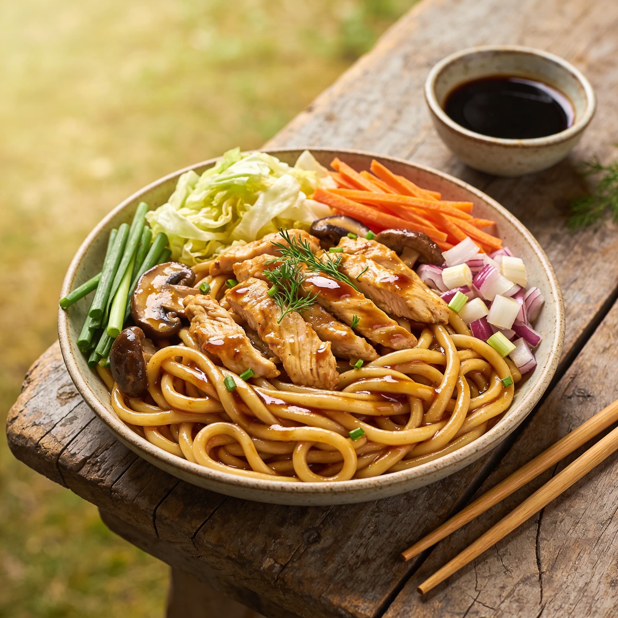 Gebratene Yaki-Udon mit Hähnchen