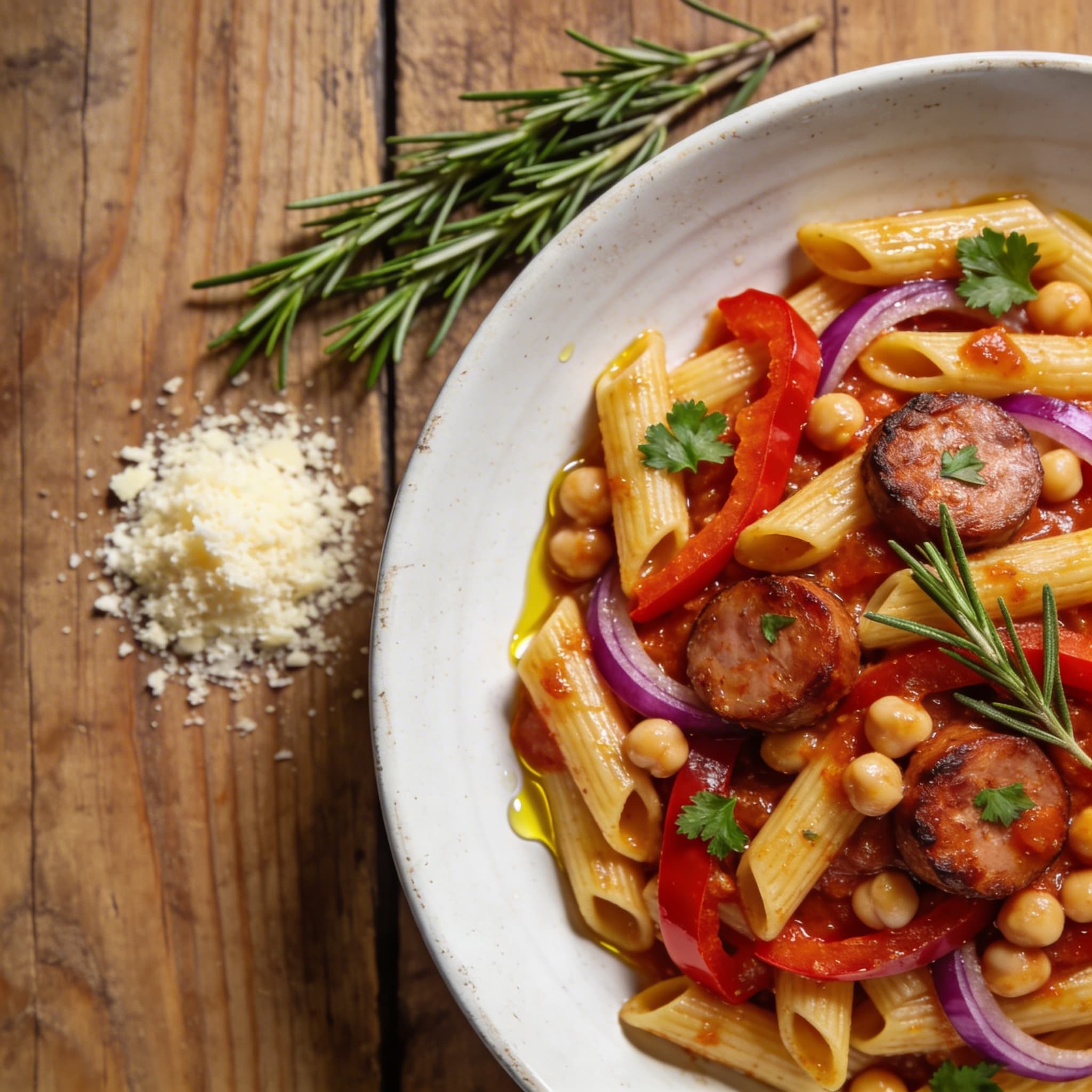 Schnelle Bratwurst-Pasta mit Kichererbsen