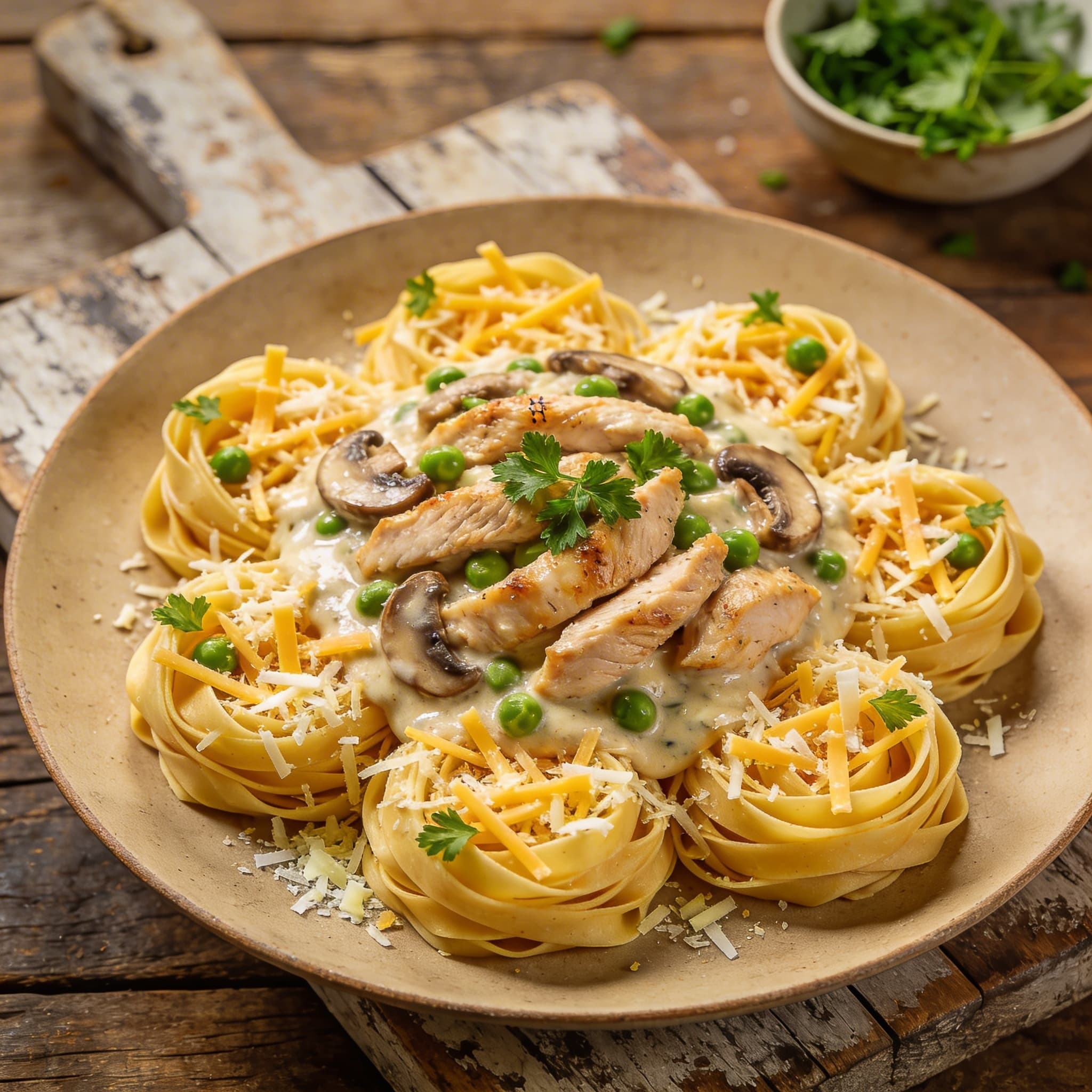 Cremiges Hähnchen-Ragout auf Nudelnestern