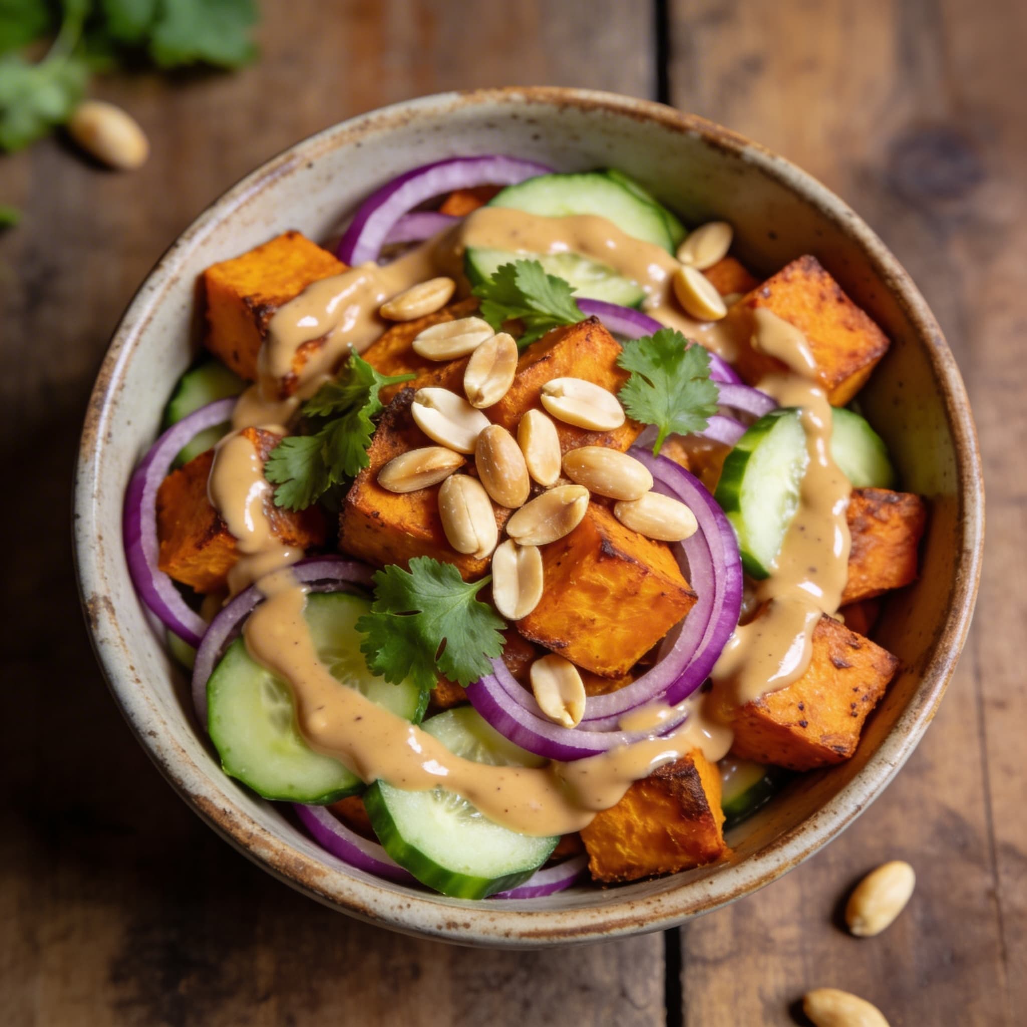 Süßkartoffel-Salat mit Erdnuss-Dressing